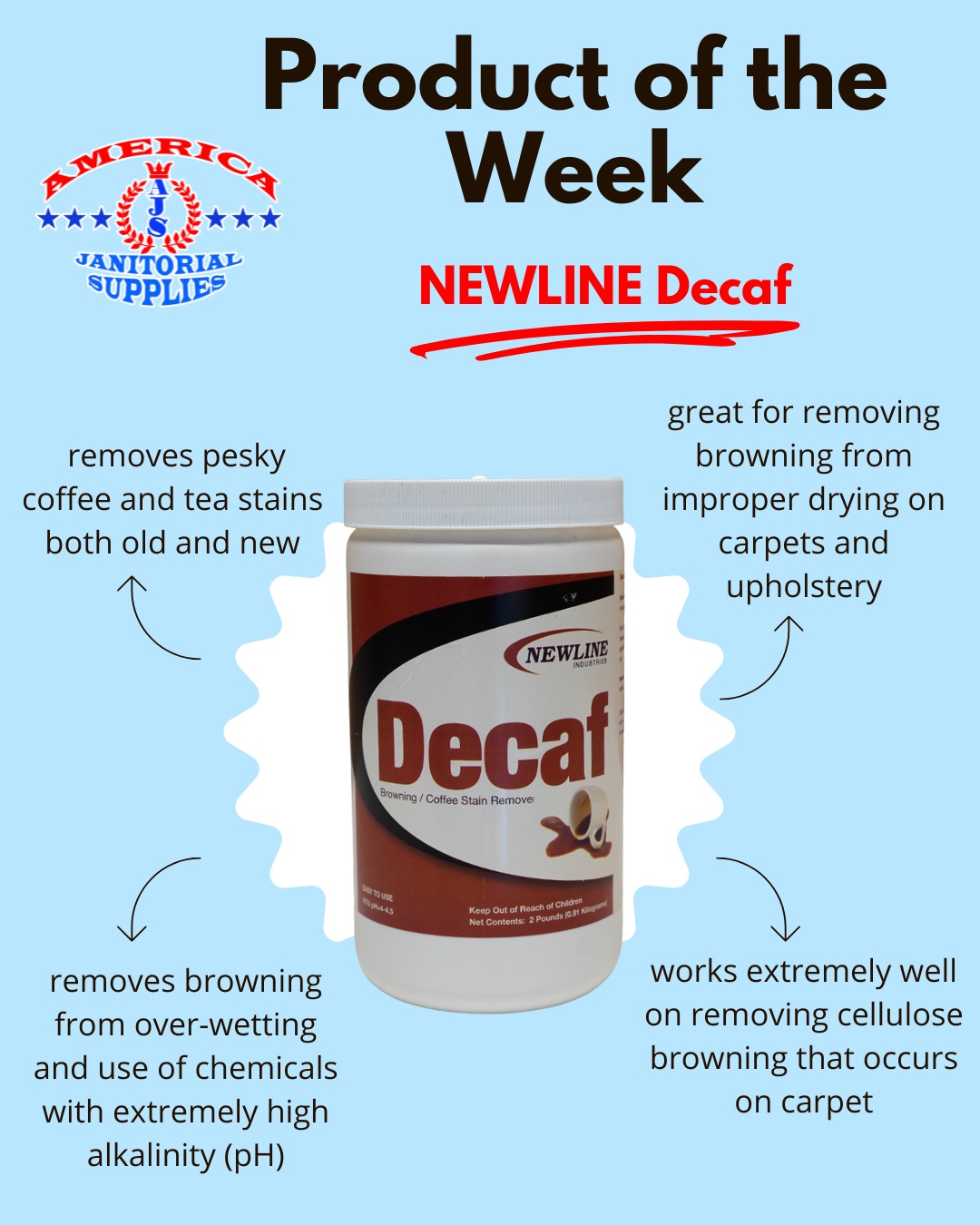 ☕ Stubborn coffee & tea stains? Meet your match.
✨ Newline Decaf is specially formulated to erase old and new stains while tackling tricky cellulose browning on carpets and upholstery. Perfect for when over-wetting or high-pH chemicals have left their mark—Decaf brings your surfaces back to life.
#AJS #AmericaJanitorialSupplies #StainRemoval #CarpetCare #WeKeepItClean