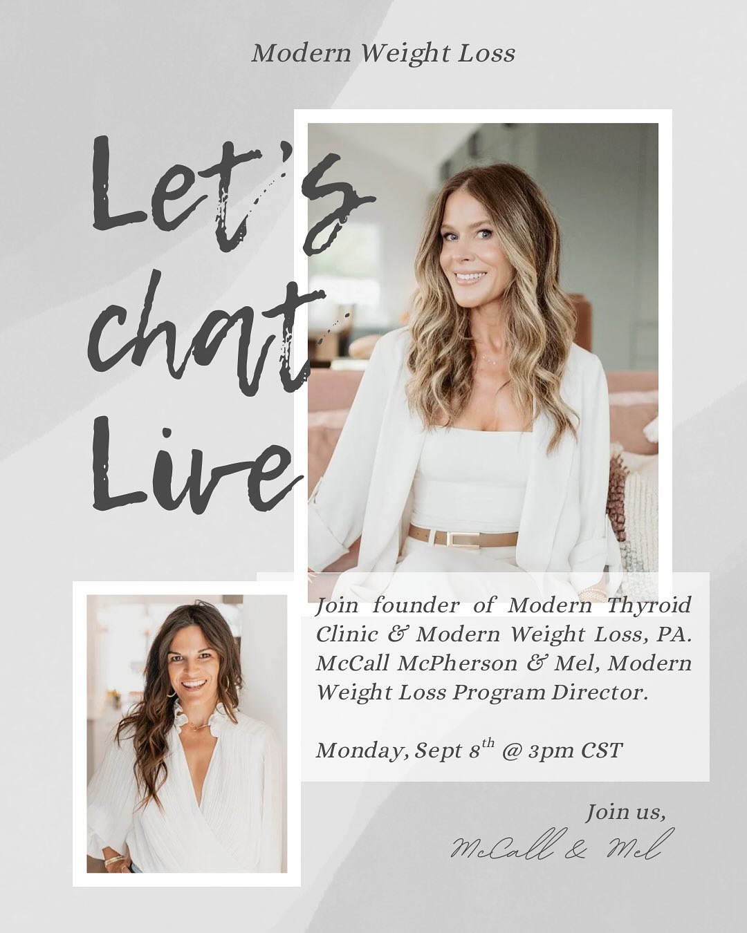I have some exciting news to share !!
✨ Big News! ✨
We’re excited to announce the launch of Modern Weight Loss, founded by McCall McPherson! @mccallmcphersonpa
I’m honored to step into the role of Program Director, and I cannot wait to share what we’ve built.
Our program is designed to revolutionize weight loss with a science-backed, supportive approach:
✅ Personalized GLP-1 Microdosing – tailored to your unique body chemistry.
✅ Support from McCall & myself – guiding you every step of the way.
✅ Weekly Community Q&A Zoom Calls – real-time answers, encouragement, and connection.
✅ Nutrition Protocols – strategies to preserve muscle while losing fat.
✅ Specific Dosing Protocols – carefully developed to optimize results safely and effectively.
We’ll be sharing all the details LIVE tomorrow at 3 PM CST 🎥
Join us to learn more, ask your questions, and be part of this exciting journey!
💬 Drop your questions in the comments or DM me – I’d love to hear from you.
@modern_weight_loss
#ModernWeightLoss #GLP1 #HealthInnovation #WeightLossSupport