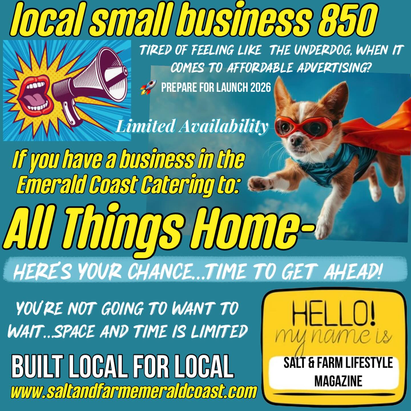 Salt & Farm Lifestyle Magazine- GET IN FRONT OF YOUR DEMOGRAPHIC - Home Specialists…this is a NEW UPCOMING HOME based magazine. Affordable advertising directly to your demographic- limited ads per specialty. Serving Destin to State Line - 850
Starting as low as $25 a month.
Printing quarterly - sign up now, get 3 months free advertising prior to Magazine release. ( 3 months free is on website, social media and YouTube)
#pensacola #pensacolasmallbusiness #supportlocalbusiness850 #850 #thingstodopensacola #gulfbreeze #destin #thingstododestin #movingtonwfl #movingtopensacola #movingtodestin #fortwaltonbeach #navarre #buyingnwfl #sellingnwfl #thingstodonavarre#navarresmallbusiness #fortwaltonsmallbusiness #floribama #gulfcoast #emeraldcoast #allthingsemeraldcoast