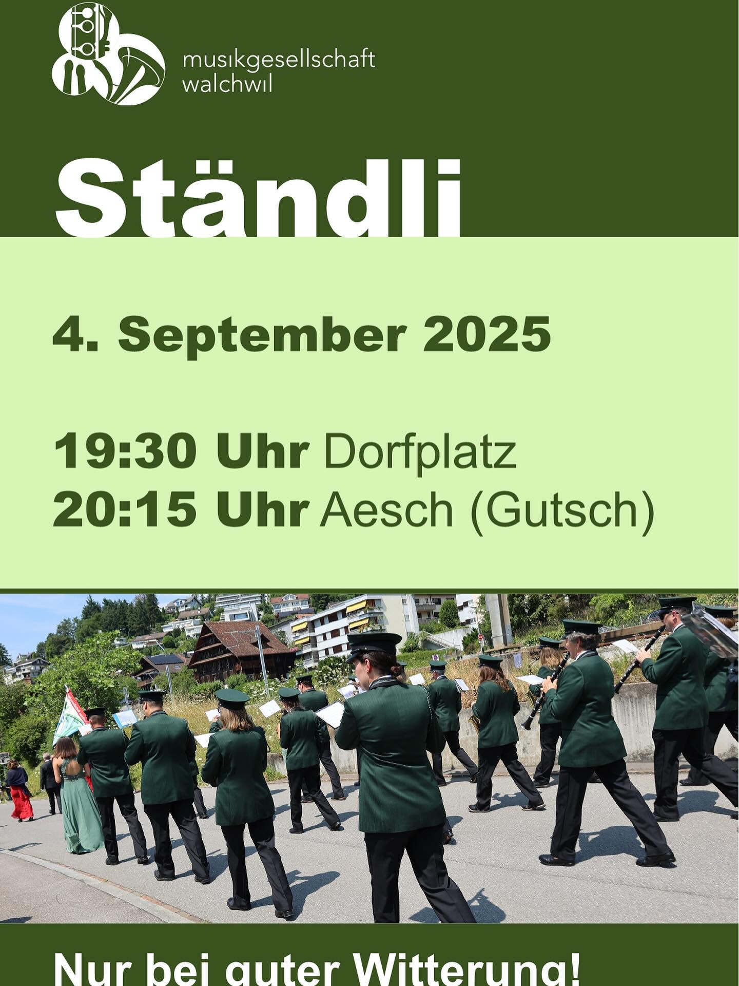 Am kommenden Donnerstag, 4. September 2025 sind wir im Dorf unterwegs und bringen Walchwil zum klingen!
🎶 19:30 Uhr: Dorfplatz
🎶 20:15 Uhr: Aesch (Gutsch)
🎺🪇🎷 Wir freuen uns auf viele Besucher und offene Fenster 🎼🪘🥁