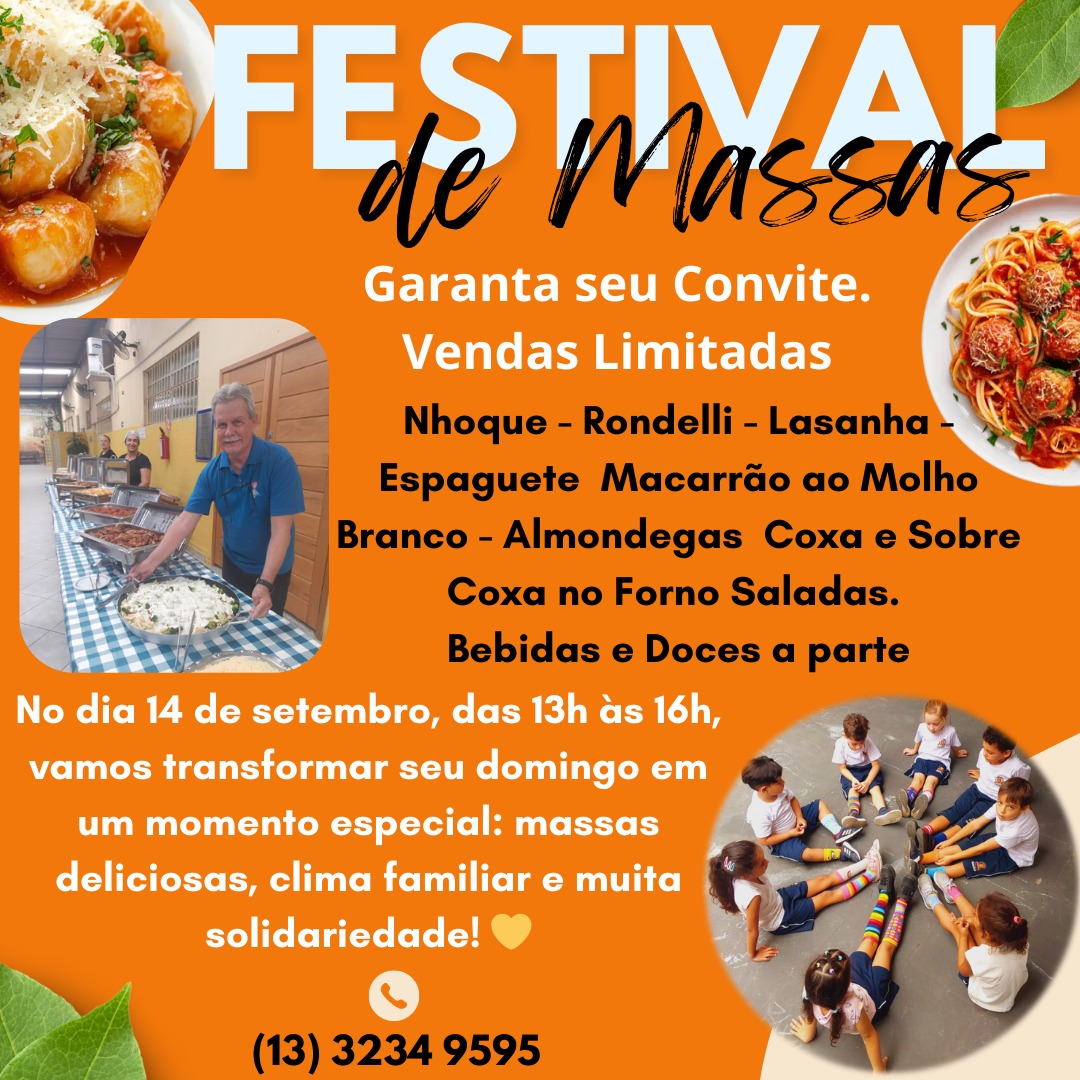 🍝✨ Os ingressos estão voando! ✨🍝 Não perca tempo, garanta já o seu convite e venha viver um domingo especial com a gente!
Um evento cheio de sabor, com massas deliciosas preparadas com muito amor e carinho ❤️.
Além de ser uma experiência incrível, você ainda estará contribuindo para um futuro melhor para nossas crianças 👧👦💫.
📌 Convites limitados! Corra e reserve o seu agora!
📞 Informações e vendas: (13) 3234-9595
#FestivalDeMassas #Solidariedade #EducandárioSantista #façaobem