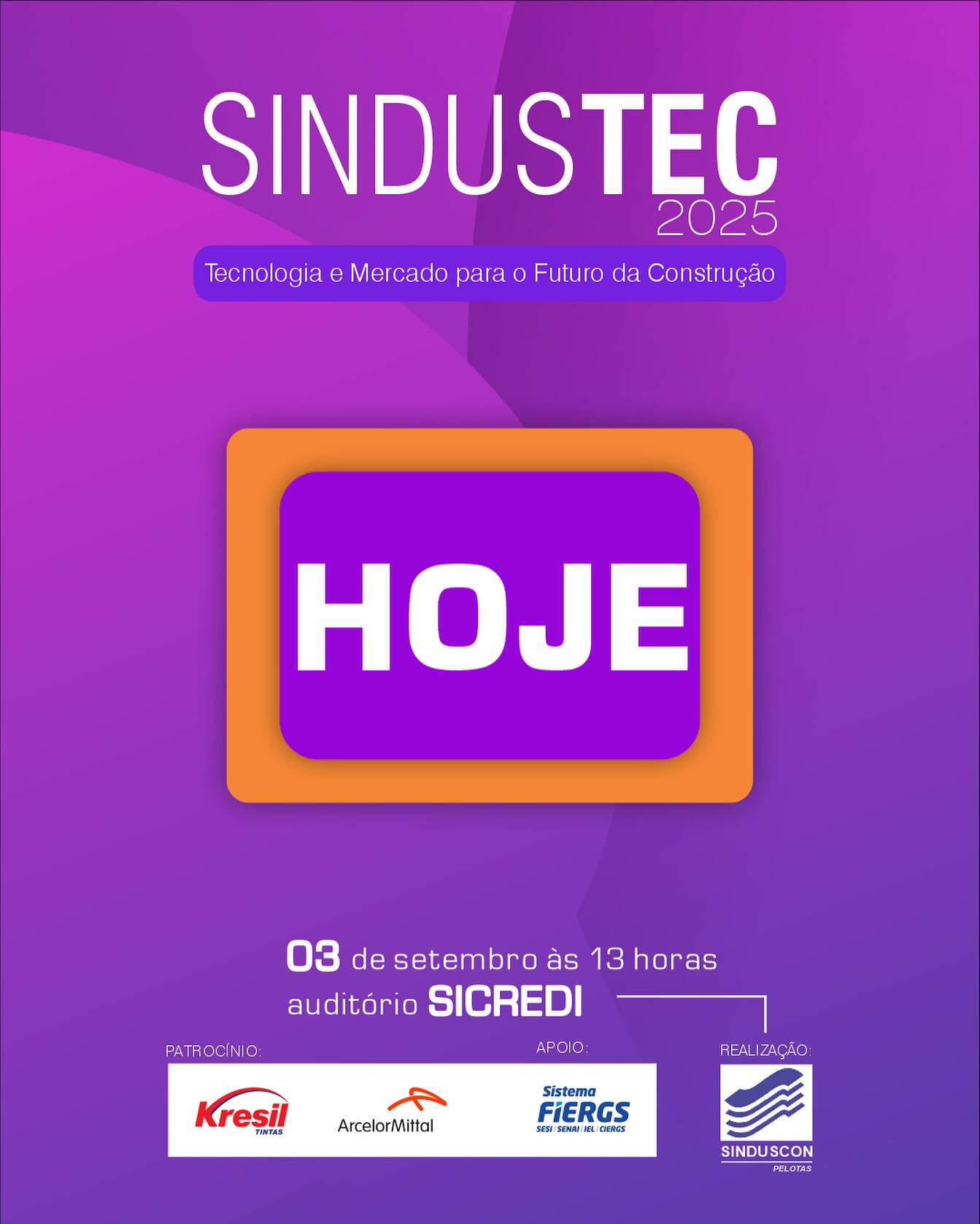 🚀 É HOJE!
O Sindustec2025 começa a partir das 13h ⏰
⚠️ Atenção: as vagas de estacionamento são limitadas, então prefira vir de transporte por aplicativo ou outra forma!
👉 Chegue no horário, garanta seu lugar e aproveite cada momento desse encontro único de inovação, networking e grandes cases da construção civil e do mercado imobiliário.
✨ Hoje, Pelotas é palco de conteúdos de nível nacional e internacional. Você não pode perder!