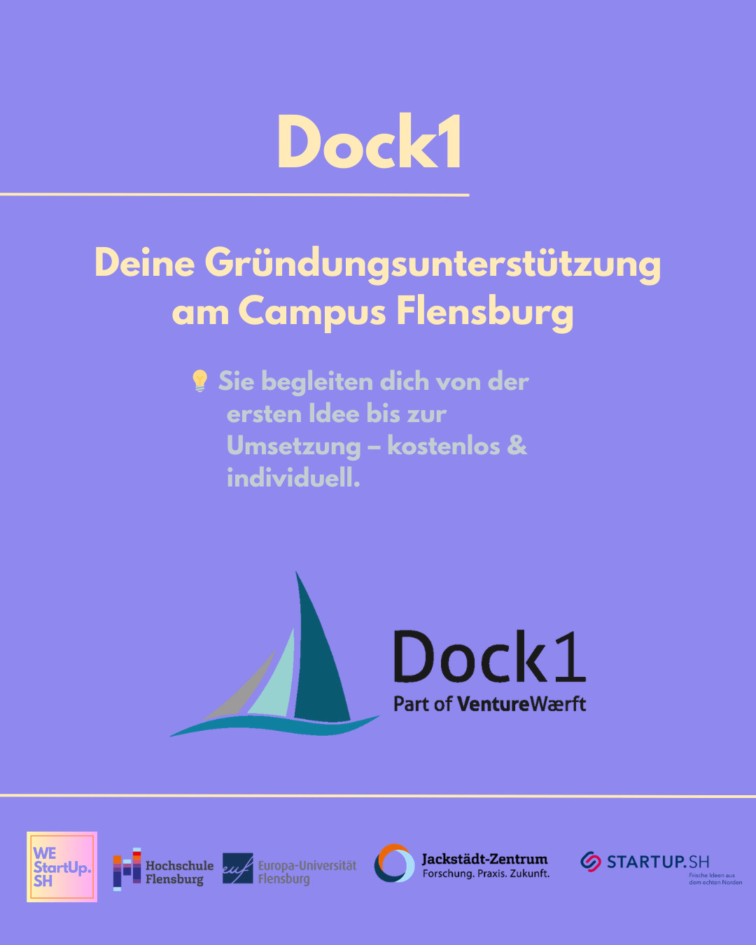 🚀 Gründen am Campus? Dock1 ist dein Anlaufpunkt!🚀
Du hast eine Idee – und fragst dich, wie daraus ein echtes Projekt oder sogar ein Startup werden kann? Genau hier setzt Dock1 an: Der Gründungsinkubator am Flensburger Campus unterstützt Studierende, Alumni (bis 10 Jahre nach Abschluss) und Mitarbeitende auf ihrem gesamten Weg in die Selbstständigkeit. 💡
🌟 Was macht Dock1 besonders?
✔️ Individuelle 1:1-Beratung – von der Ideenentwicklung über Geschäftsmodelle bis zu den ersten Schritten im Gründungsprozess.
✔️ Finanzierungshilfe – Unterstützung bei der Beantragung von EXIST, Gründungsstipendium SH, Gateway49 oder bei Gründungswettbewerben.
✔️ Vernetzung & Expertise – Dock1 ist Teil der VentureWærft und des StartUp SH-Netzwerks. So profitierst du von einem riesigen Netzwerk – auch über die dänische Grenze hinaus.
✔️ Raum für deine Ideen – der Coworking-Space im UG des Audimax: Arbeitsplatz, Küche, Tischkicker und Austausch mit anderen Gründer:innen inklusive.
✔️ Events & Workshops – von der Ideengenerierung über Pitch-Trainings bis hin zu Finanzierung & Marketing. Plus: Networking-Events mit Gründer:innen und Expert:innen.
💡 Warum Dock1?
Dock1 ist nicht nur ein Ort, sondern ein Sprungbrett für deine Idee. Hier bekommst du Unterstützung von Anfang an – und wenn mal eine Frage offen bleibt, helfen die Expert:innen vom Team, die richtige Ansprechperson zu finden.
📍 Du findest das Dock1 im UG des Audimax auf dem Flensburger Campus.
Neugierig? Dann schau vorbei oder entdecke @dock1_fl online.
👉 Mit Dock1 wird aus einer Idee ein Projekt – und aus einem Projekt vielleicht die nächste große Gründungsgeschichte. 🚀