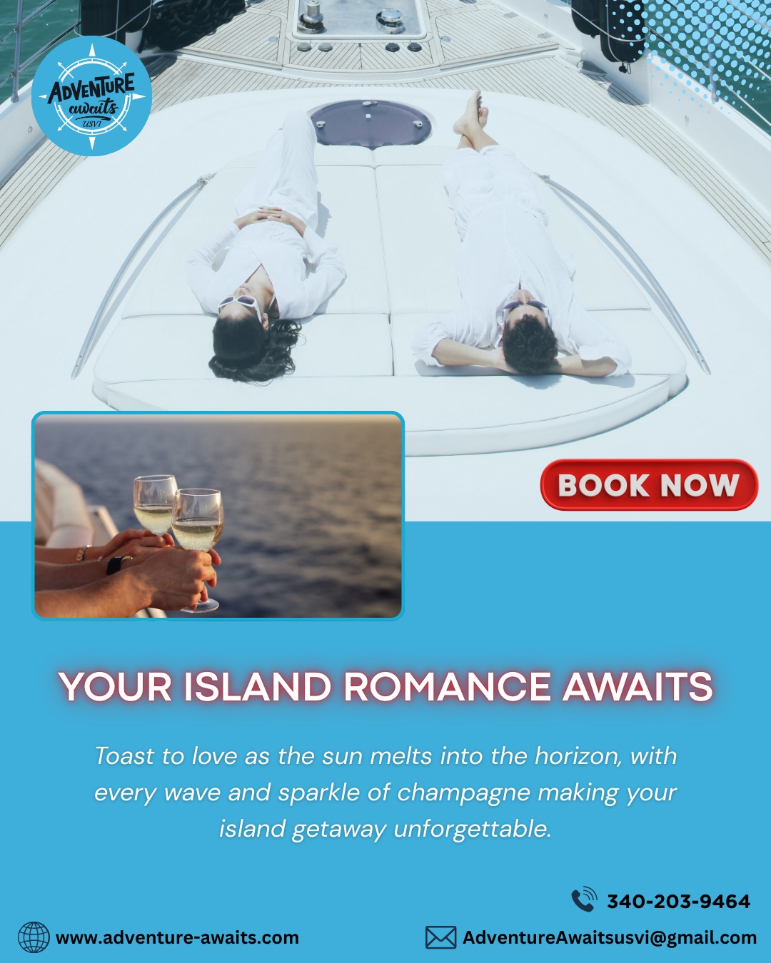 💙🥂Toast to love as the sun melts into the horizon, with every wave and sparkle of champagne making your getaway unforgettable. 🥂🌅
Celebrate love in the most magical way, just the two of you, your own boat, and endless Caribbean views. 🌊✨
Reserve your romantic escape today:
📞 340-203-9464
📧 Adventureawaitsusvi@gmail.com
🌐 www.adventure-awaits.com
#AdventureAwaits #VirginIslands #USVI #StThomas #StJohn #IslandRomance #CouplesGetaway #CaribbeanLove #RomanticEscape #SunsetCruise #PrivateYacht #BeachVibes #OceanViews #TropicalGetaway #LuxuryTravel #VacationGoals #Wanderlust #BucketListExperience #RomanticVacation #ChampagneToast #IslandLife #CaribbeanSunset #TravelPhotography #ParadiseFound #SeaAdventures
