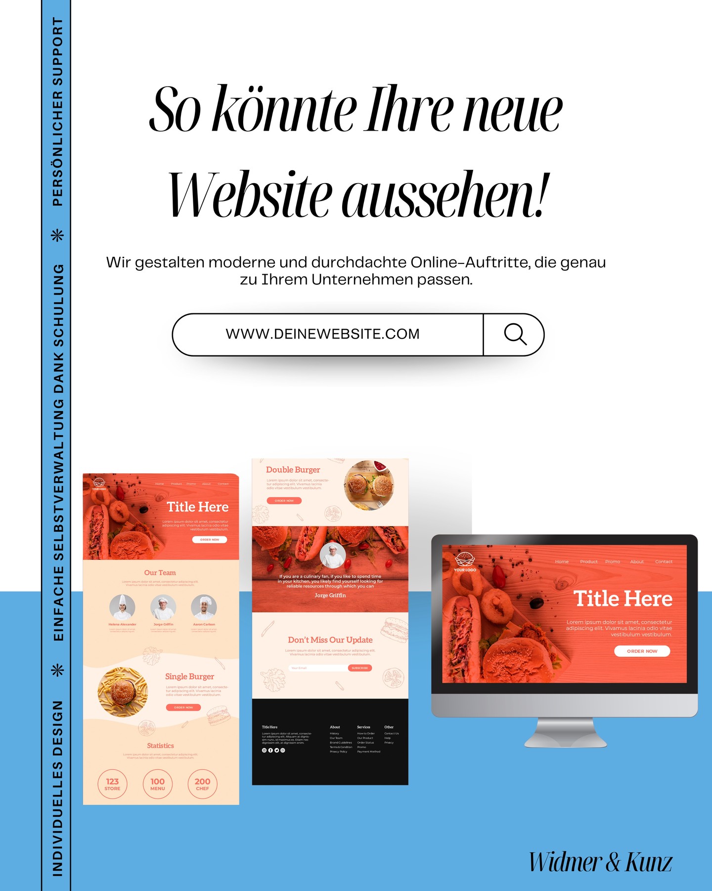 So könnte Ihre neue Website aussehen
Modern, professionell und individuell auf Ihr Unternehmen abgestimmt – ganz ohne Baukasten-Look.
Sie möchten einen Webauftritt, der überzeugt und Ergebnisse liefert?
Dann lassen Sie uns Ihre neue Website gemeinsam realisieren.
Jetzt unverbindlich beraten lassen.
#webdesign #widmerundkunz #onlinemarketing #wixwebsite #branding #sichtbarkeit #webagentur #basel #responsivewebdesign #seo