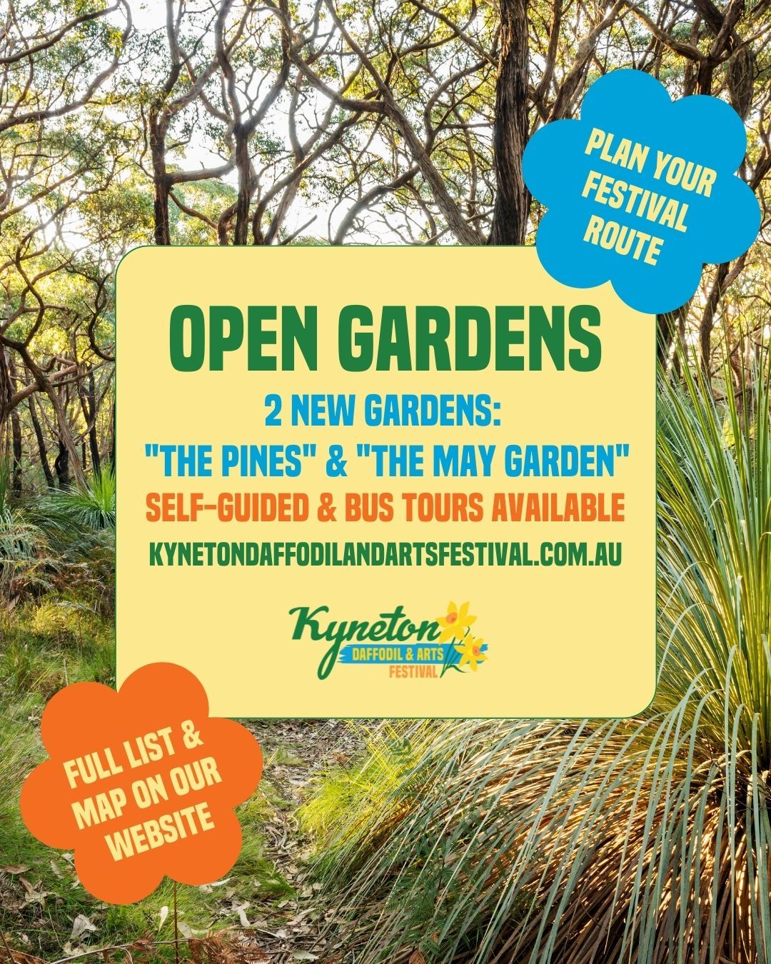 There’s a great mix of open gardens to explore across Kyneton and surrounds during the festival, from private town plots to landmark sites like the Kyneton and Malmsbury Botanic Gardens and the Golden Mile of Daffodils. Some gardens offer self-guided entry, while others can be visited on our bus tours.
Plan your visits, check opening days and details, and view the full list and festival map on our website.
The Kyneton Daffodil & Arts Festival
📍 5–14 September 2025
Supported by Major Sponsors @kynetononriverside
Visit our website to view all events and sponsors.
.
.
.
.
.
#kynetondaffodilandartsfestival #kyneton #daffodilfestival #macedonranges #visitmacedonranges #macedonrangesnaturallycool #daylesfordmacedonranges #daylesfordmacedonrangeslife #onehouroutofmelbourne #opengardens #springgardens #festivalmap