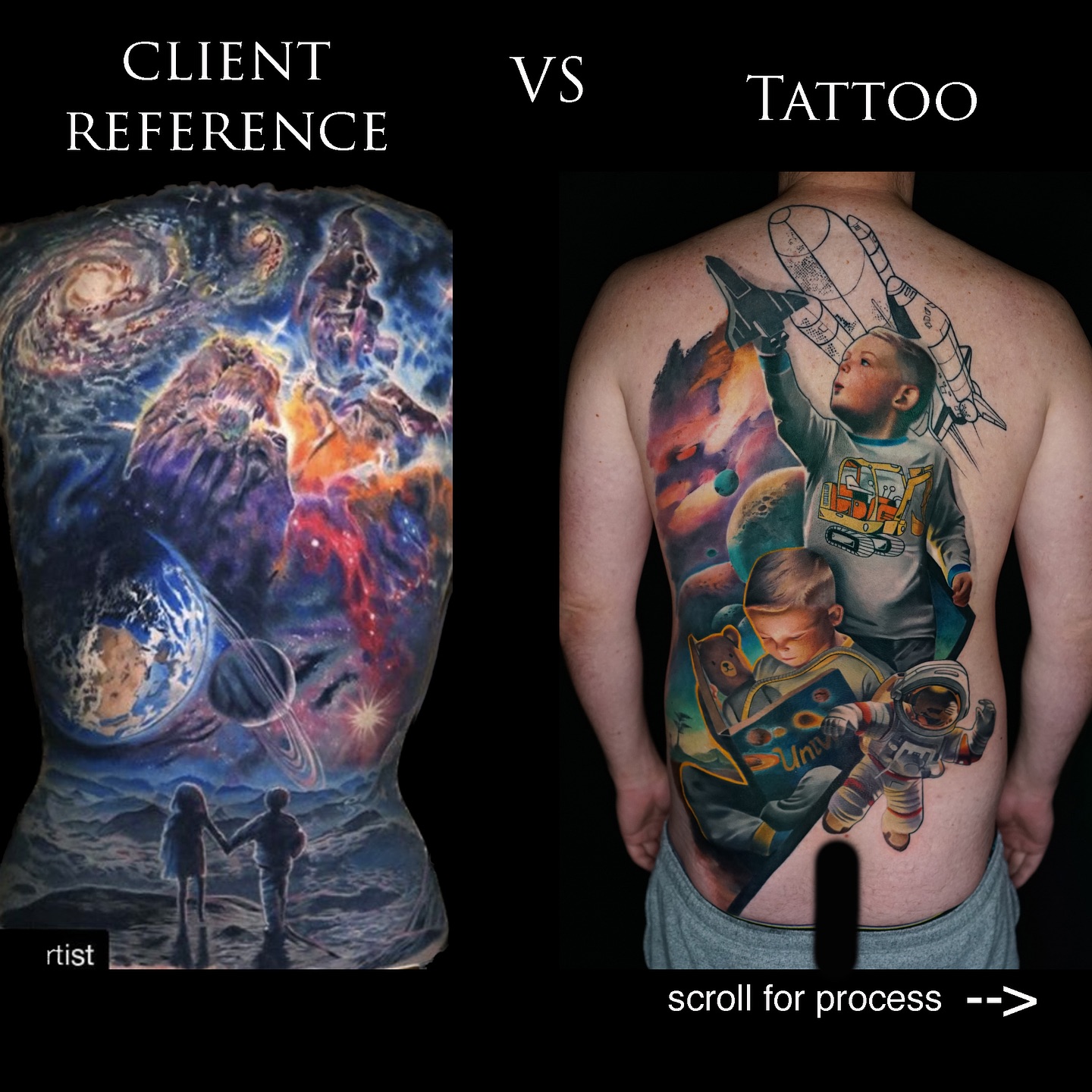 Not your average Pinterest tattoo. This is personal art that tells a story.
Most people come in with a boring idea, often it starts as something stock standard. In this case, it was kids with a space background, that didn’t really capture the essence.
After sitting down together, I dug deeper into what the tattoo was truly about: a tribute to his kids and their fascination with the universe. Once we had that clarity, I guided him to get professional photographs taken. That step makes all the difference. Perfect poses, perfect lighting, and the ability to direct the image exactly how I need it for the final design.
The process became more than just a tattoo. It turned into a meaningful experience he shared with his kids. A photoshoot, a moment, a memory, all woven into the artwork.
The result is a one of a kind piece that tells their story, visually powerful and deeply personal.
Original reference from @moriel.seror