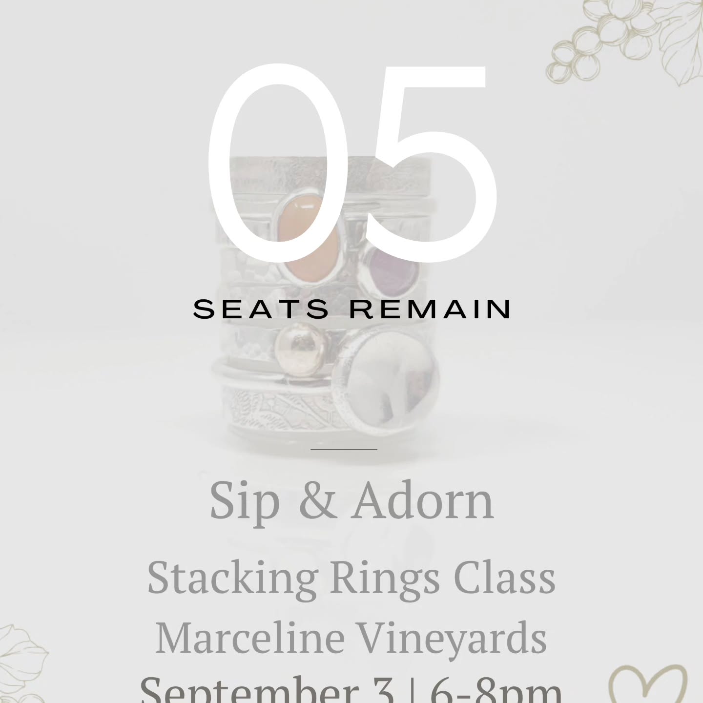 ✨🍷 Ready for the ultimate girls’ night out? Let’s swap the usual dinner plans for wine, laughter, and a little sparkle you’ll actually take home. 💍
Join me at Marceline Vineyards this Wednesday for a fun, hands-on Stacking Rings Class — no experience needed, just bring your girlfriends and your creativity. We’ll sip, hammer, texture, and solder until you’ve made your own unique set of stackers!
Spots are limited (and going fast!) so grab yours before they’re gone. 🥂
---
📍 Marceline Vineyards
📅 Wednesday, Sept 3rd
🕕 6–8 PM
🎟️ $75 per person
✨ All materials + expert guidance included
🍷 Wine available for purchase from the vineyard
---
Tag your besties… who’s in? 💫
#InsideMyLocket #Handmadeisbetter @marcelinevineyards
