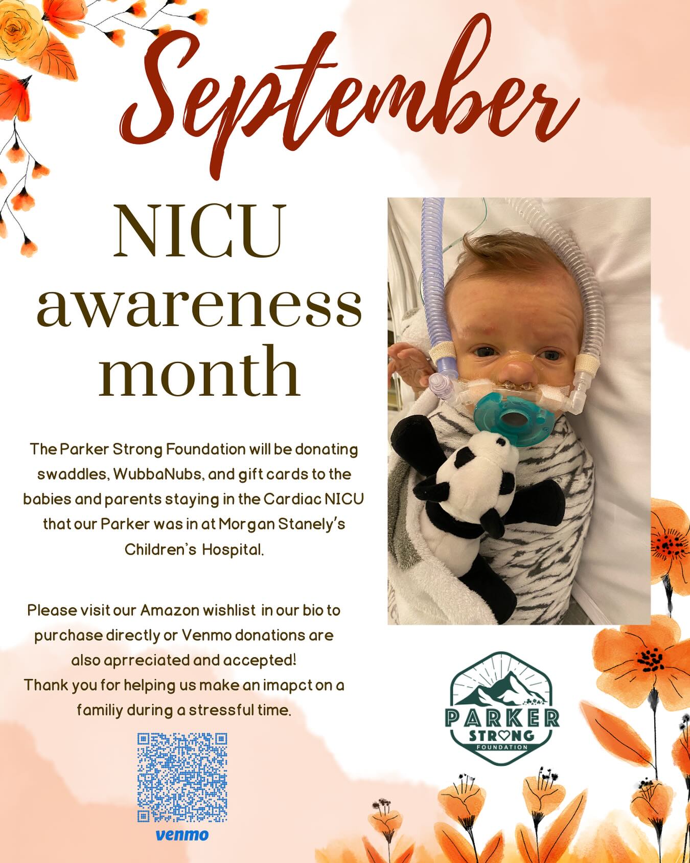 Not only is September Parker’s birth month but it’s also NICU awareness month! Please help us send the babies and families a little care package who are staying in the same cardiac NICU that Parker did. Our link to wishlist can be found in our bio!