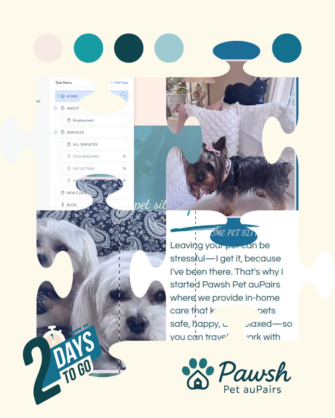 Just 2 days to go! ✨🎨
Here’s a peek at the inspiration behind our brand-new website — colors, textures, and designs that reflect the heart of Pawsh Pet auPairs: warm, welcoming, and all about pets feeling at home. 🐾💛
On September 1, you’ll see how it all came together in our fresh new site. 🚀
#CountdownToLaunch #MoodboardMagic #WebsiteRefresh #PawshPetauPairs