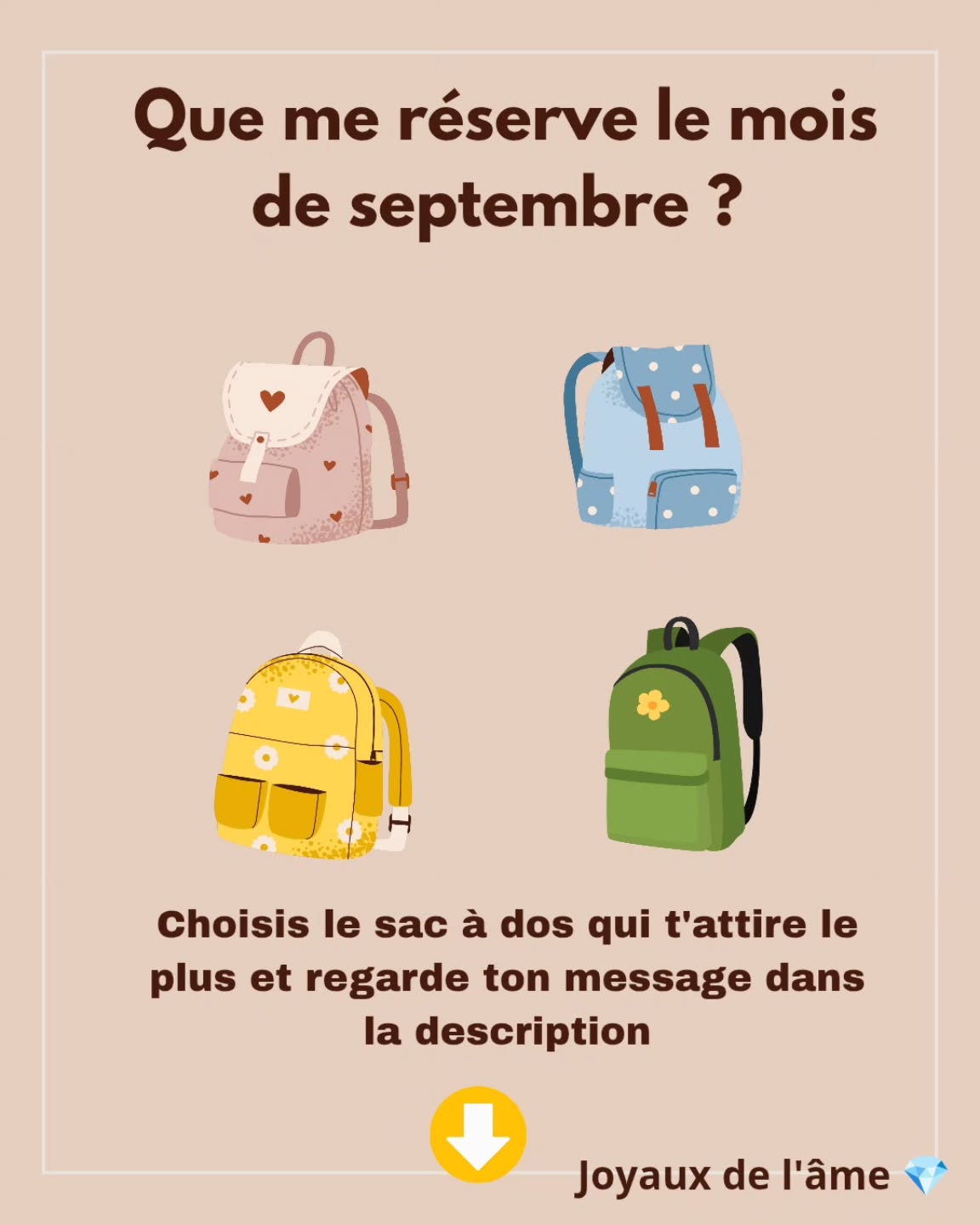 💫 Sac à dos rose 🩷 : septembre t'invite à oser explorer de nouvelles opportunités .
Des révélations et des tournants positifs t'attendent, à condition de suivre ta sagesse intérieure et de rester ouvert aux conseils qui se présentent .
Mots clés 🔑 : nouveau départ, découvertes , élan .
Lame du tarot 🔮 : Le bateleur ✨
💫 Sac à dos bleu 🩵 : septembre est fait pour briller, créer et trouver l'équilibre.
L'énergie du mois t'invite à exprimer tes talents, à cultiver ta créativité et à harmoniser tes projets avec sérénité.
Mots clés 🔑: épanouissement, douceur , vitalité.
Lame du Tarot 🔮 : Le soleil ☀️
💫 Sac à dos jaune 💛 : septembre t'invite à observer, réfléchir et écouter ton intuition.
Des émotions ou des désirs cachés pourraient émerger, mais la clarté viendra si tu restes attentif à ton ressenti et à ta sagesse intérieure.
Mots clés 🔑 : mystère, révélations, réflexion .
Lame du Tarot 🔮 : La Papesse 🌙
💫 Sac à dos vert 💚 : septembre t'invite à oser explorer et t'ouvrir au monde .
Des surprises et de nouvelles opportunités se présentent et la clé sera de rester juste et équilibrée dans tes décisions.
Mots clés 🔑 : clarté , équilibre, accomplissement .
Lame du Tarot 🔮 : Le Monde 🌍
Belle journée lumineuse 💫
Joyaux de l'âme 💎
Pour tous renseignements, soins énergétiques ou guidances personnalisées me contacter en DM 💌.
#guidancespirituelle#guidancegénérale
#guidancedumois#energiesdumois
#septembre #developpementpersonnel #tarotdemarseille #accompagnementspirituel #accompagnementpersonnalisé #hollistique
