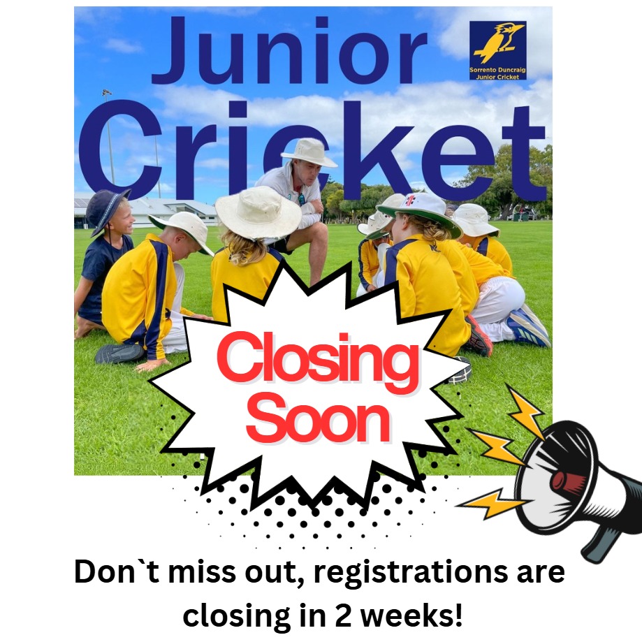 Don`t forget to register. Time is running out!
We are back for another awesome season of cricket at Sorrento Duncraig Junior Cricket Club 👏! If you’re a keen cricketer or have never played before, we have a spot for you! All-inclusive sport for kids aged 5 - 17 years.
𝐁𝐥𝐚𝐬𝐭𝐞𝐫𝐬✌️
It’s all about the fun and developing the basics of batting, bowling, fielding and fundamental movement skills to playing modified games of cricket. Pre-Primary to Years 2-3 in school.
Register now via: https://www.playhq.com/cricket-australia/register/52cd2d
𝐉𝐮𝐧𝐢𝐨𝐫𝐬👊
Junior cricket is the next step for kids who are ready to advance their cricket skills through organised games. School years 3 to 11.
Register now via: https://www.playhq.com/cricket-australia/register/5398d8