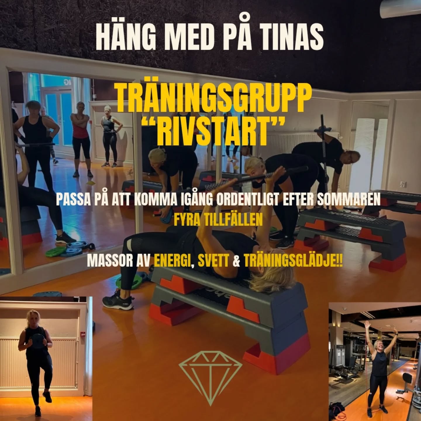 Passa på att få igång träningsrutinerna ordentligt med Tinas grupp "Rivstart"!
Fyra tillfällen
29/8 kl 18.00
31/8 kl 18.30
7/9 kl 18.30
12/9 kl 18.00
Endast 1200 kr - anmäl i till tittibohman@gmail.com
Alla är välkomna, medlem som icke medlem!