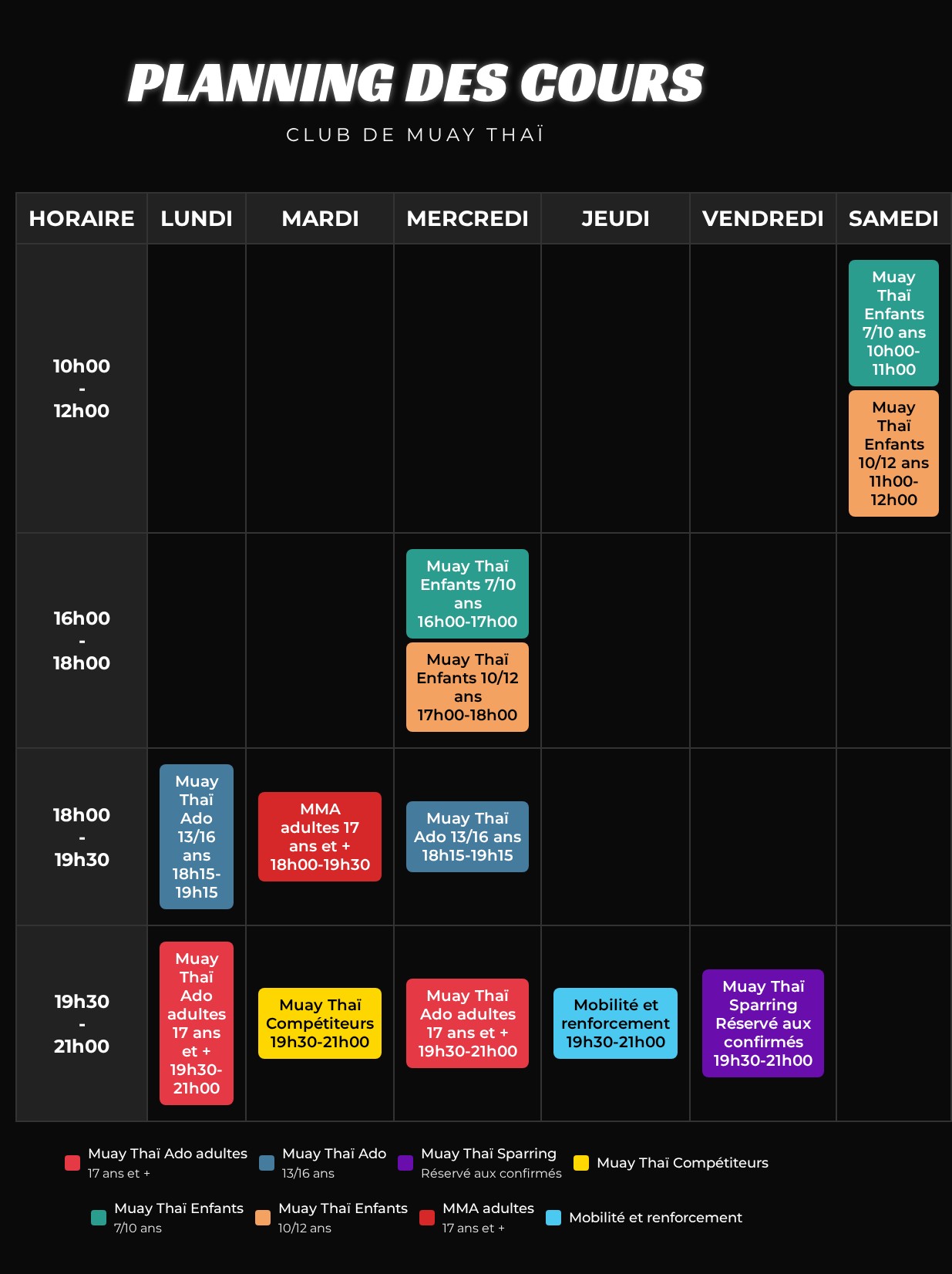 Planning des cours au SKMT pour la saison 2025-26
Pour plus d'info, rendez vous sur le site internet www.seuakhaomuaythai.fr