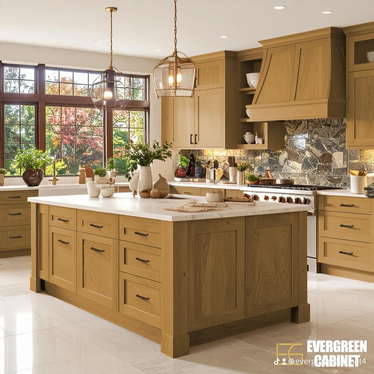 A warm and timeless kitchen you will love coming home to☘️ Our Hazelnut Oak Shaker Cabinets bring natural beauty, smart storage, and modern design together in perfect harmony 🌿🏡 Explore more on www.evergreencabinet.com. #kitchendesign #kitchendecor #kitchenremodel #kitchenrenovation #kitchenset #kitchenisland #modernkitchen #shakercabinet #dreamkitchen #kitcheninspiration #kitchenremodel #kitchenstyling