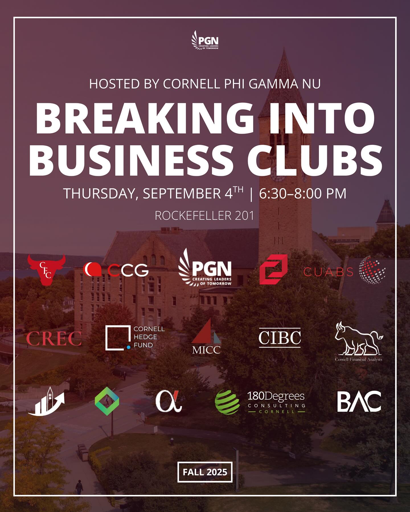 Join us this Thursday, 9/4, for Breaking into Business Clubs, Cornell’s largest business club event of the semester! Come to learn more about some of Cornell’s premier business clubs. We look forward to seeing you all there!