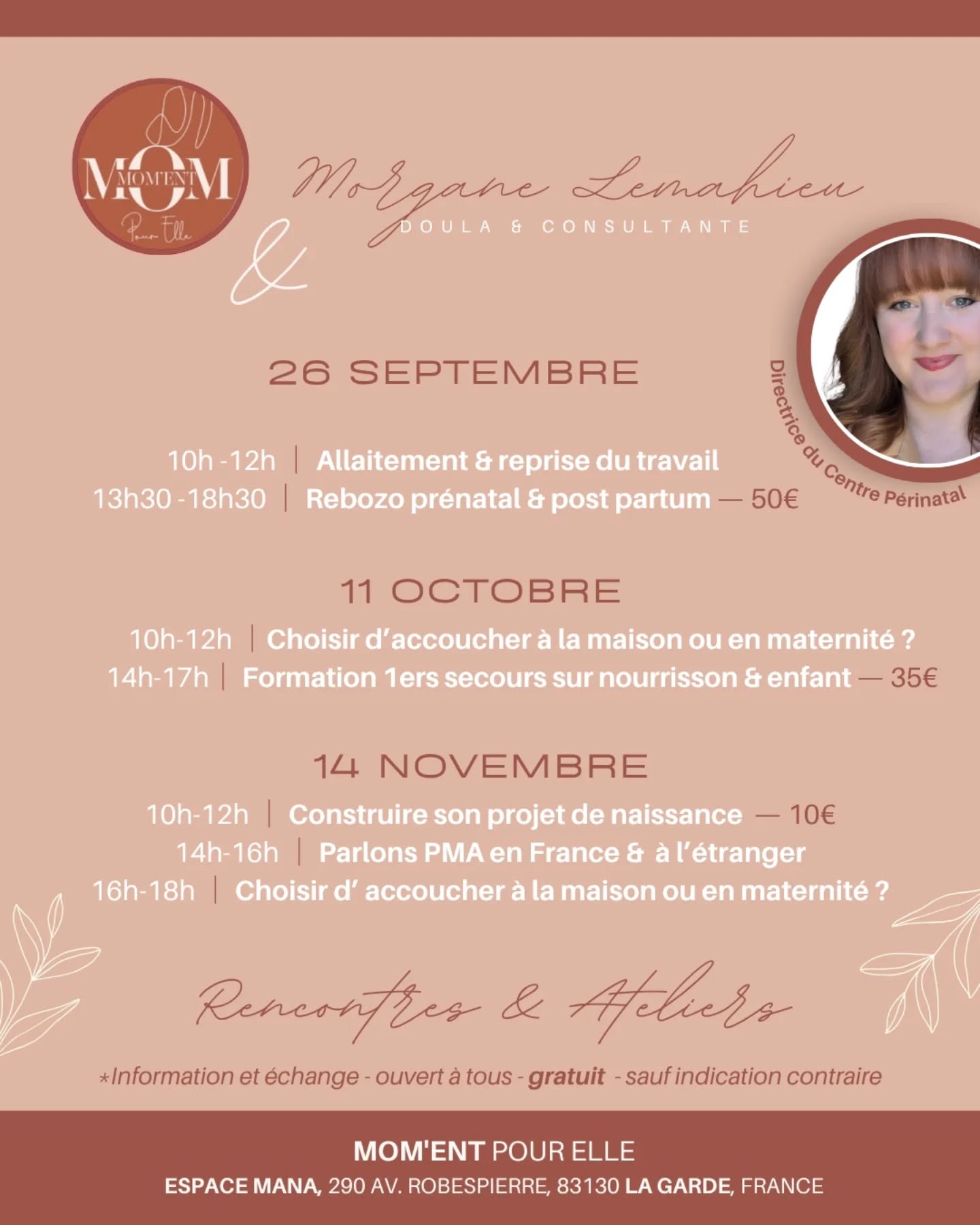 ✨ Programme d'automne avec Morgane Lemahieu, Doula chez Mom'Ent pour Elle – La Garde, dès septembre ✨
Nous sommes heureuses de vous annoncer une nouvelle collaboration entre :
Mom'Ent pour Elle – La Garde
Morgane Lemahieu, Doula & Directrice du Centre Périnatal de Brignoles
Dès septembre, des ateliers, soins et rencontres autour de la périnatalité vous sont proposés :
𝟐𝟔 𝐒𝐄𝐏𝐓𝐄𝐌𝐁𝐑𝐄
10h-12h | Allaitement & reprise du travail
13h30-18h30 | Rebozo prénatal & post-partum — 50€
𝟏𝟏 𝐎𝐂𝐓𝐎𝐁𝐑𝐄
10h-12h | Accoucher à la maison ou en maternité ?
14h-17h | Formation 1ers secours nourrisson & enfant — 35€
𝟏𝟒 𝐍𝐎𝐕𝐄𝐌𝐁𝐑𝐄
10h-12h | Projet de naissance — 10€
14h-16h | PMA en France et à l’étranger
16h-18h | Accoucher à la maison ou en maternité ?
Rencontres & ateliers : ouverts à toutes et tous – gratuits sauf mention contraire.
Un temps pour s'informer, se préparer et échanger à chaque étape de la maternité.
📅 Rendez-vous en septembre, octobre et novembre
Inscriptions en DM ou part téléphone auprès Morgane ou de la Boutique