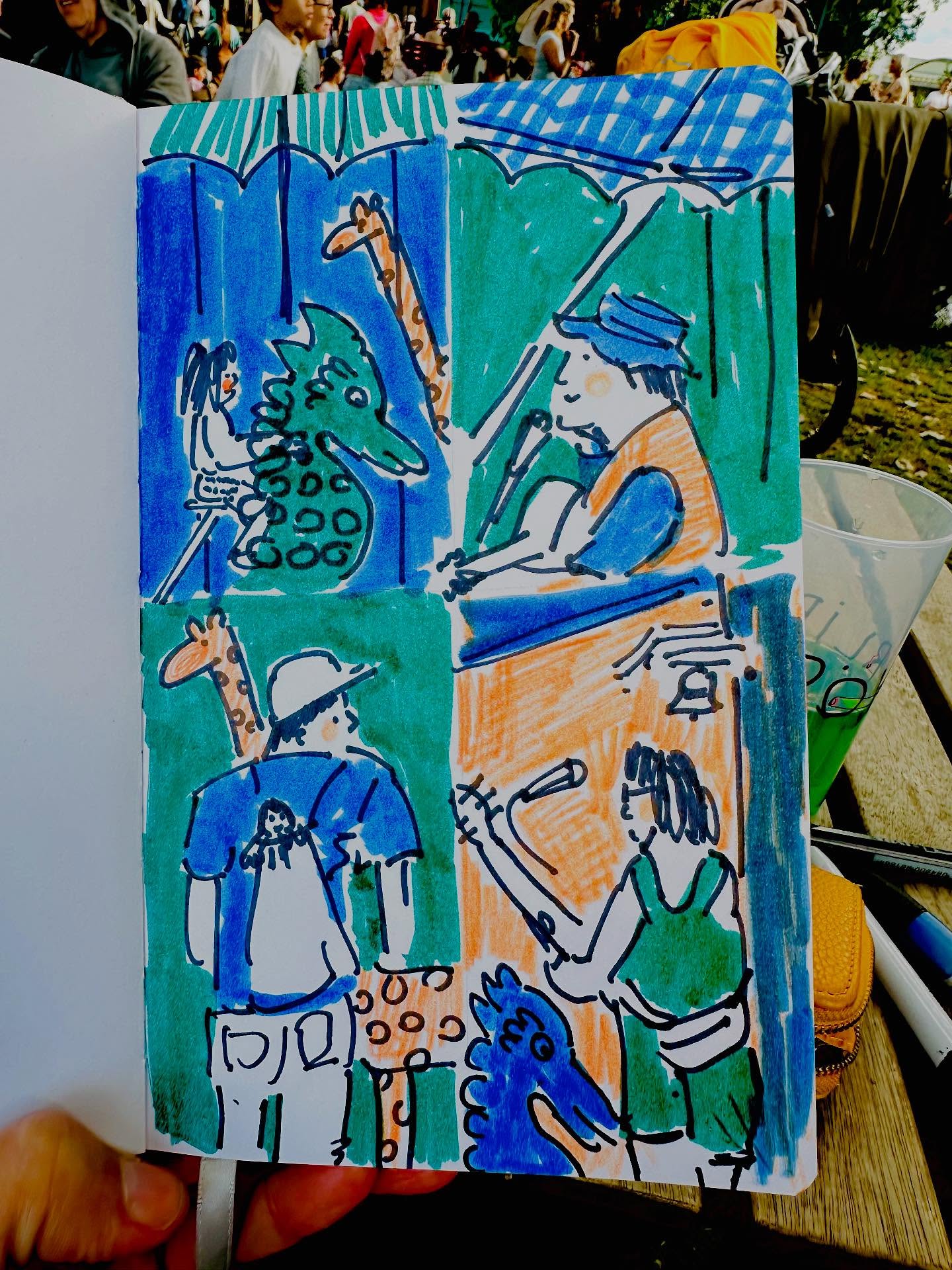 Day 28 & 29 of the #3materialsdrawingchallenge Trying to draw little bits of the most charming little carousel ever at @theaterspektakel in Zürich. See the videos - they were taking in turns to sing live with the guitar while the other one pushed it round with a big long stick! The wooden animals looked pretty handmade and full of charm. My kids a bit too big to go on it these days, but we all enjoyed watching it and listening to the music. It was a fun afternoon, my daughter loved some of the performances and as ever she’s never too big for a bit of face paint! The sketches were less successful but the festival was super fun. Man in the bottom left sketch looks a bit strange, but he was actually with his little girl and had her doll poking out of his bag - it was actually cute rather than weird creepy how it looks here 😂
Also enjoyed a little more fruit quick sketching and drawing with black paper in yesterday‘s classes.
This great challenge is hosted by @charlotte.durance @kathryn_boyt and @naomitippingillustrator
#goodshipillo #drawfromlife #drawfromlifeeveryday #threematerialsdrawingchallenge #drawfromobservation #sketchbook #sketching #3materialsdrawingchallenge2025 #sketchingflowers #flowers #sketchingfruit #urbansketcher #urbansketchs #theaterspektakel