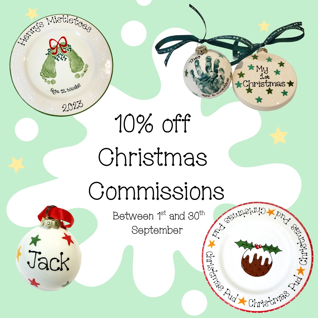 The holidays are coming to an end and we’re approaching September which means it won’t be long until the C word is all we can think about
Throughout the month we are offering 10% off any Christmas commissions. That includes baubles, treat plates for Santa, and any other Christmassy presents for someone special
Give us a call on 01994 704234 and book in your session between the 1st and 30th September to receive this discount