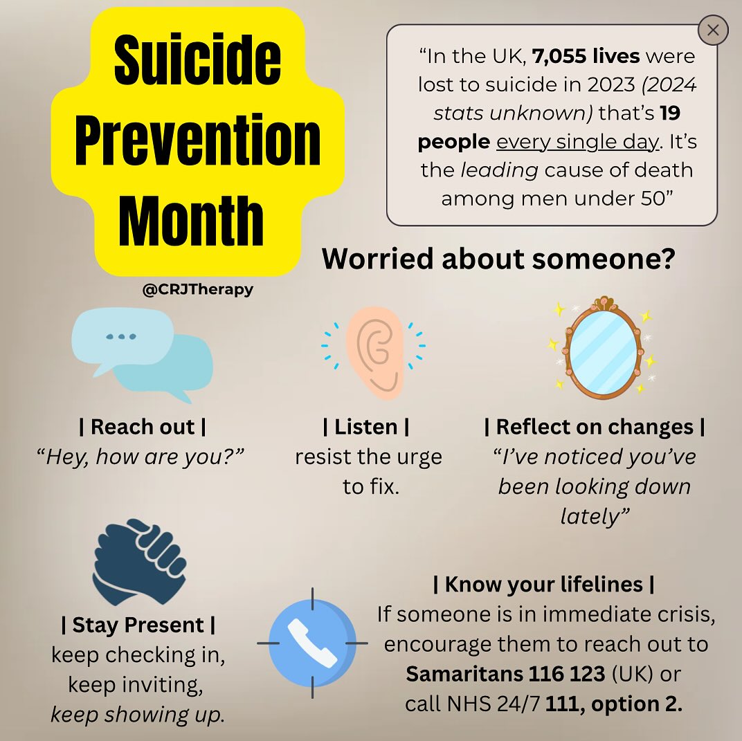 💙 This September, Let’s Talk About Suicide Prevention 💙
✨ A few gentle reminders for reaching out to someone you’re worried about - you don’t have to get it perfectly right, you just have to care.
#suicidepreventionmonth
#suicideprevention
#youarenotalone
#mentalhealthawareness
#supporteachother