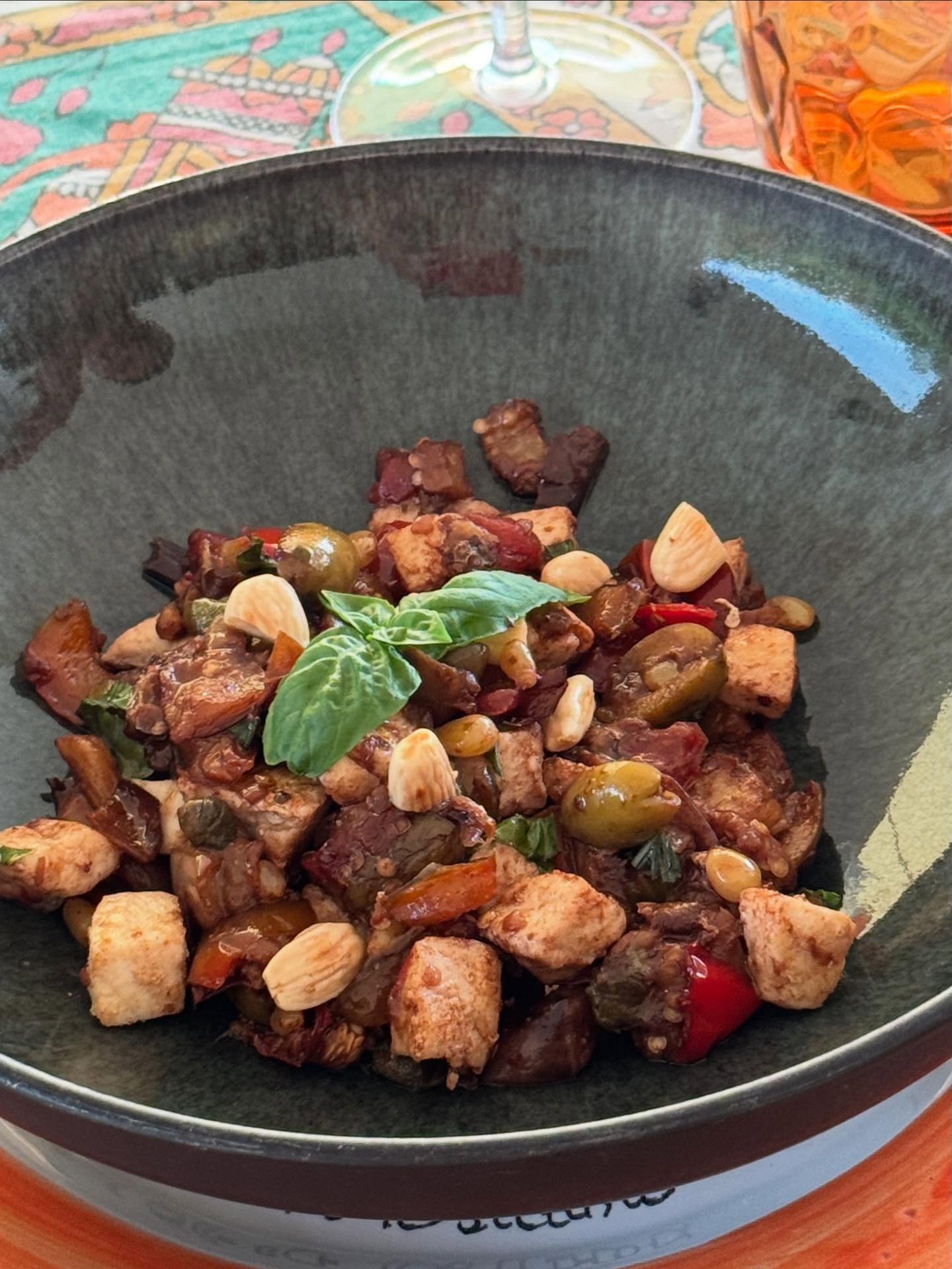 Sicilian Caponata with Tropea onions, Calabrian peppers, sweetened with honey from Austrian bees, and a bit of swordfish added at the end… @klugfamilyshenanigans #caponata #swordfish #mytropeakitchen #aubergines #tomatoes #tropeaonions #olives #capers #pinenuts #celery #vinegar #honey #cocoapowder