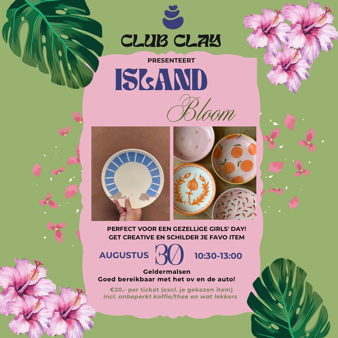 🌴🌸 Today = Island Bloom vibes!
Tropische bloemen, frisse kleuren en heel veel creatieve fun 🎨✨
We’re ready to bloom! 💕
#clubclay #islandbloom #zomerworkshop #keramiekschilderen #vriendinnenuitje #creatiefuitje