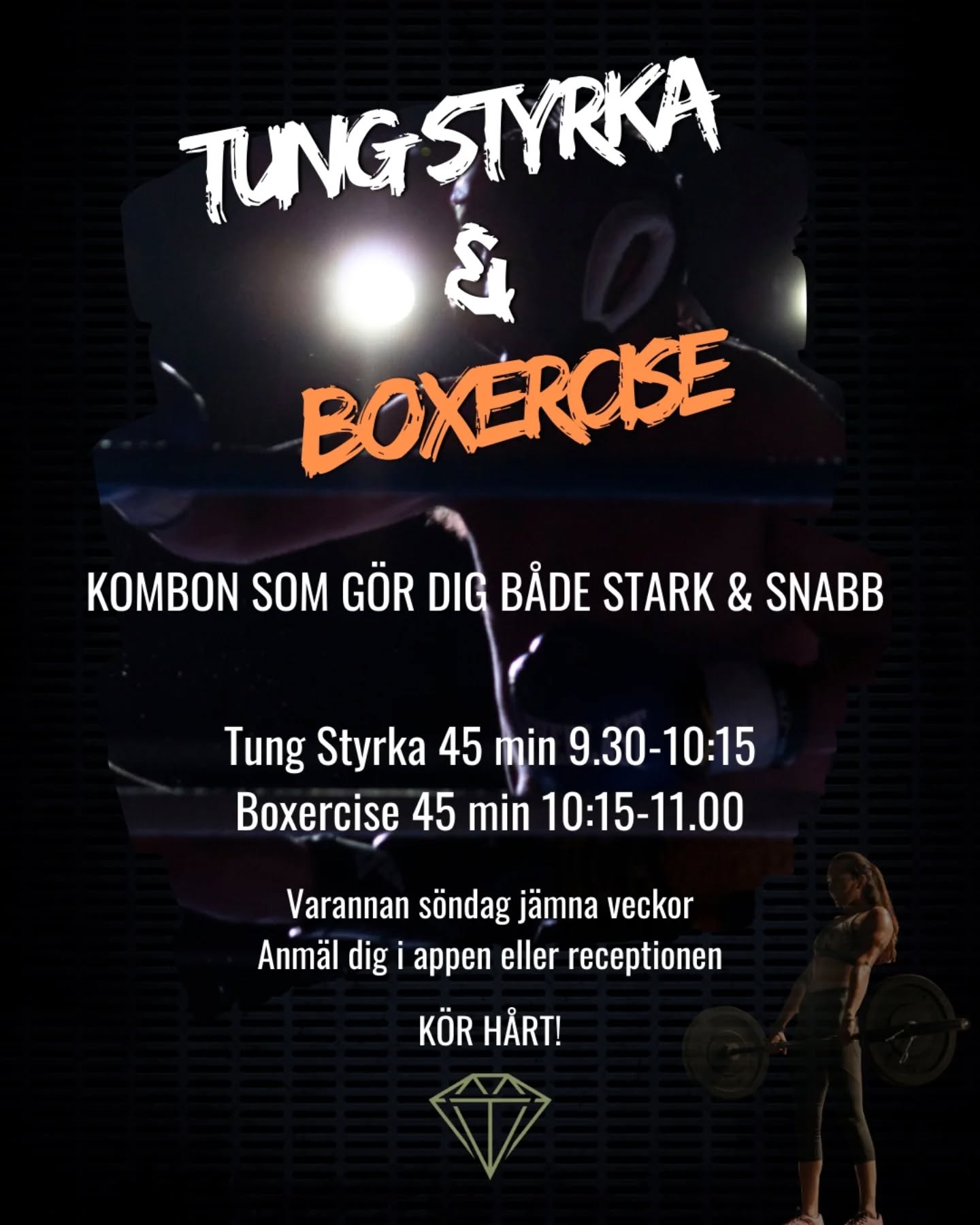 Lyft tungt och slå hårt. Bygg styrka och energi med dessa två pass.
Jämna veckor, söndagar från 9.30-10.15 tungstyrka och direkt efter boxercise i 45 minuter. Underbart!
Kör hårt! 💪