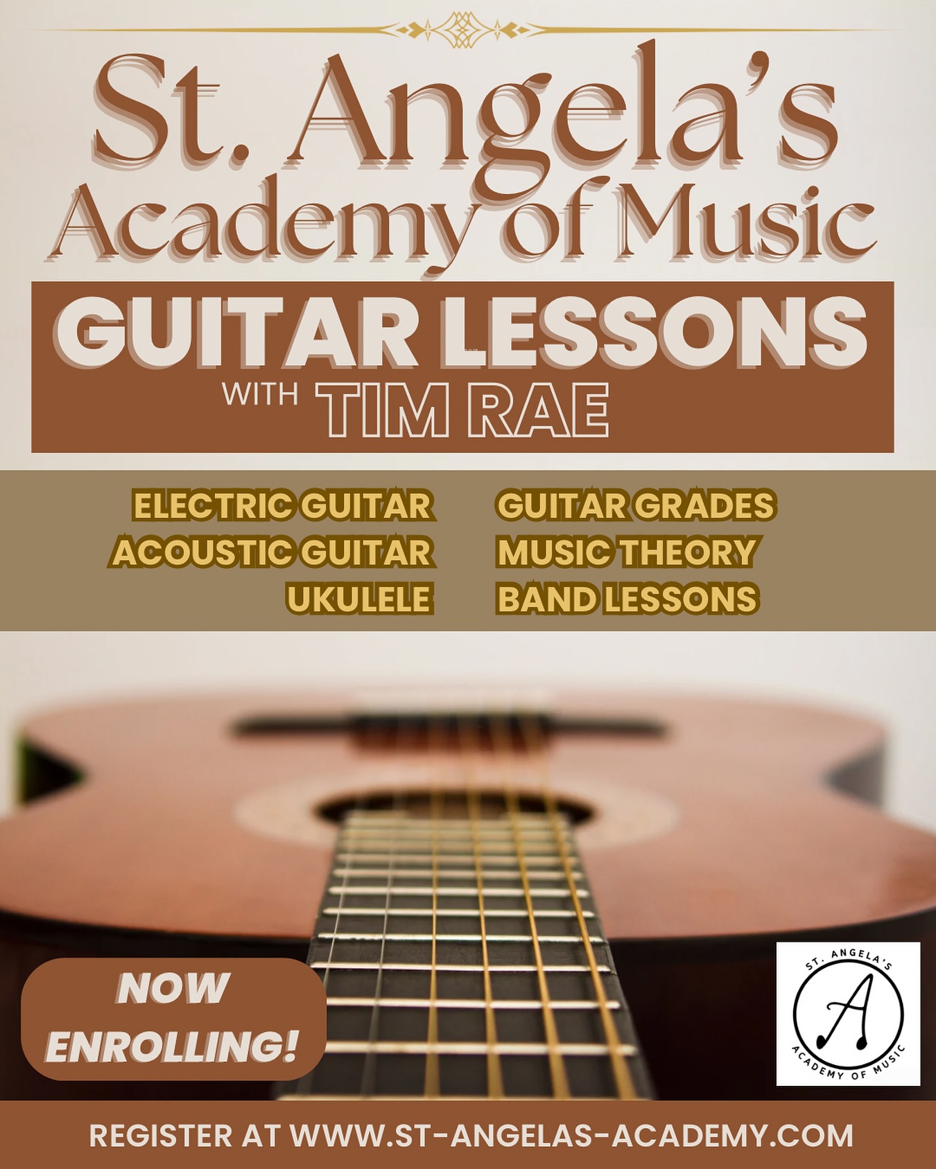 We are delighted to announce that we have a new guitar teacher, Tim Rae, joining our staff. Tim is ready to train students on both acoustic and electric guitars.
Tim Rae offers graded exam preparation with Rock School London. RSL exams will be facilitated this year at St Angela’s Academy of Music.
We are also planning a popular music evening in 2026 and exclusively featuring the students of our pop department.