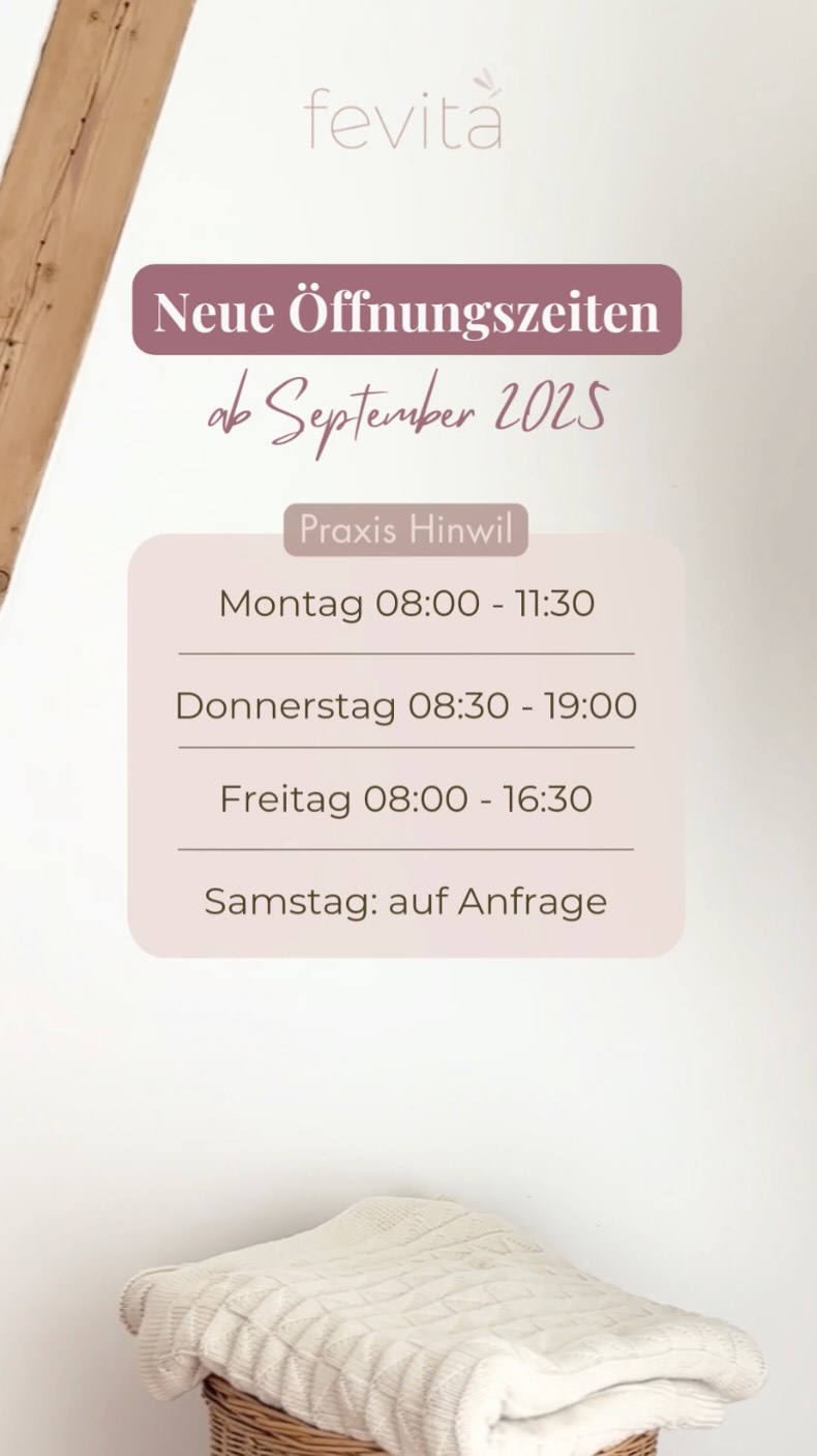 Die Öffnungszeiten meiner Praxis verändern sich leicht, hier die neuen Zeiten ab September 2025:
Praxis Hinwil-Hadlikon
– Montag 8:00–11:30
– Donnerstag 8:30–19:00
– Freitag 8:00–16:30
– Montagabend oder Samstag auf Anfrage möglich
Praxis Zürich-Wiedikon
– Montag 12:30–19:00
#fevita #naturheilpraxisfürfrauen #hinwil #frauengesundheit #hinwil
