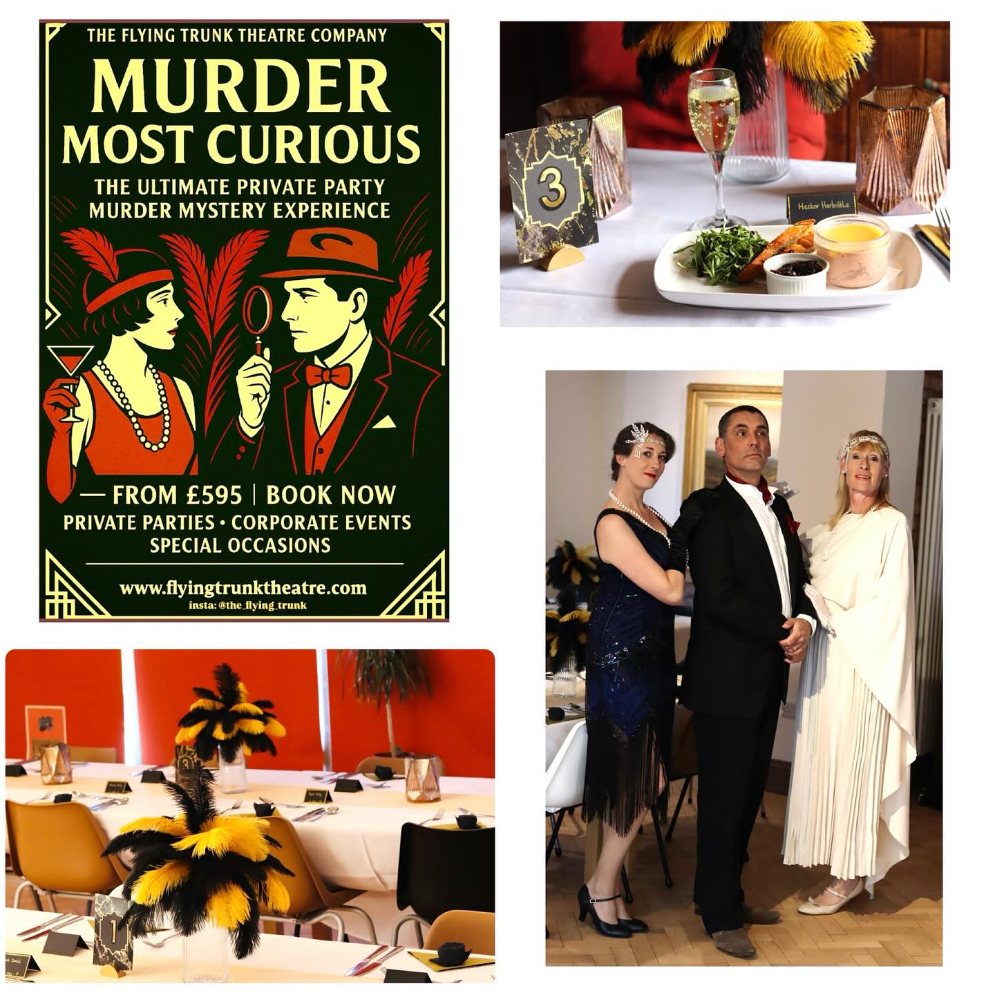 MURDER MOST CURIOUS 👀
The Ultimate Private Party Murder Mystery Experience
An unforgettable night of intrigue, deception, and deadly fun!
Featuring a team of five highly skilled professional actors, this is YOUR chance to host a suspense-filled and truly interactive murder mystery event — right in your own home or chosen venue.
We offer a rich menu of plots and scenarios, packed with intriguing clues, cunning red herrings, and dramatic twists. You and your guests will witness — first-hand — a most despicable deed, and then face the challenge of solving the crime and unmasking the culprit.
Prices start from £595.
Premium packages — including the services of our superb catering partner, @henrys_kitchen_catering along with a range of bespoke extras — are also available.
Perfect for:
🔍 Private parties
🔍 Birthdays & anniversaries
🔍 Hen & stag parties
🔍 Corporate events & team-building
🔍 Special occasions of any kind
Ready to uncover the truth?
Get in touch to book your Murder Most Curious experience — if you dare…
www.flyingtrunktheatre.com
Follow us:
Instagram: the_flying_trunk
Facebook: The Flying Trunk Theatre Company
#privateparty #partyhire #murdermysterydinner #eventhire #teambuilding #partyideas #partygames #eventideas #middevon #devontheatre