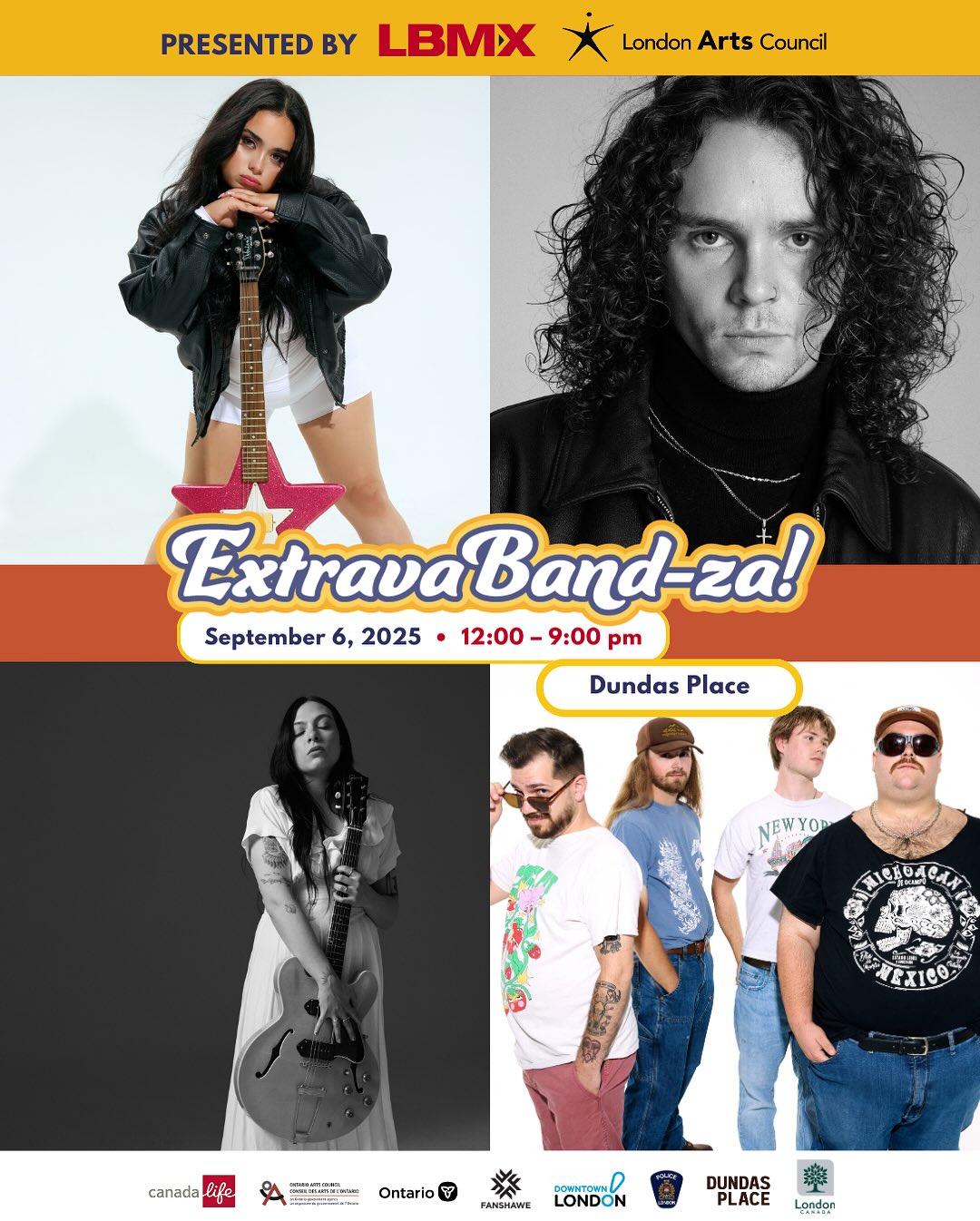 ONE WEEK AWAY! ✨⚡️
EXTRAVABANDZA 2025 is next Saturday, September 6!
As you may know, this event is the grand finale of the LBMX Musicians Mentorship Program. As part of the program, the 2025 participating bands had a chance to shine in front of the camera for some amazing new artist photos with the incredible team @xuux_artists with photographer @maitilson! 🔥
We just wanted to take a moment to appreciate the amazing local talent taking the stage for this year's event - Bella Rosa, Saveria, Pot Is Drugs, and Tyrone Traher & The Rottweilers - you can find out more about each of these artists and when they are taking the stage through our event link in bio, and don't forget to RSVP TODAY!
#LdnArtsCouncil #LBMX
ExtravaBandza is also supported by the @cityoflondonont (@dundas_place), @fanshawecollege, @lpsmediaoffice London Police Service, @downtownlondon, @ontarioartscouncil and @canadalifeco.