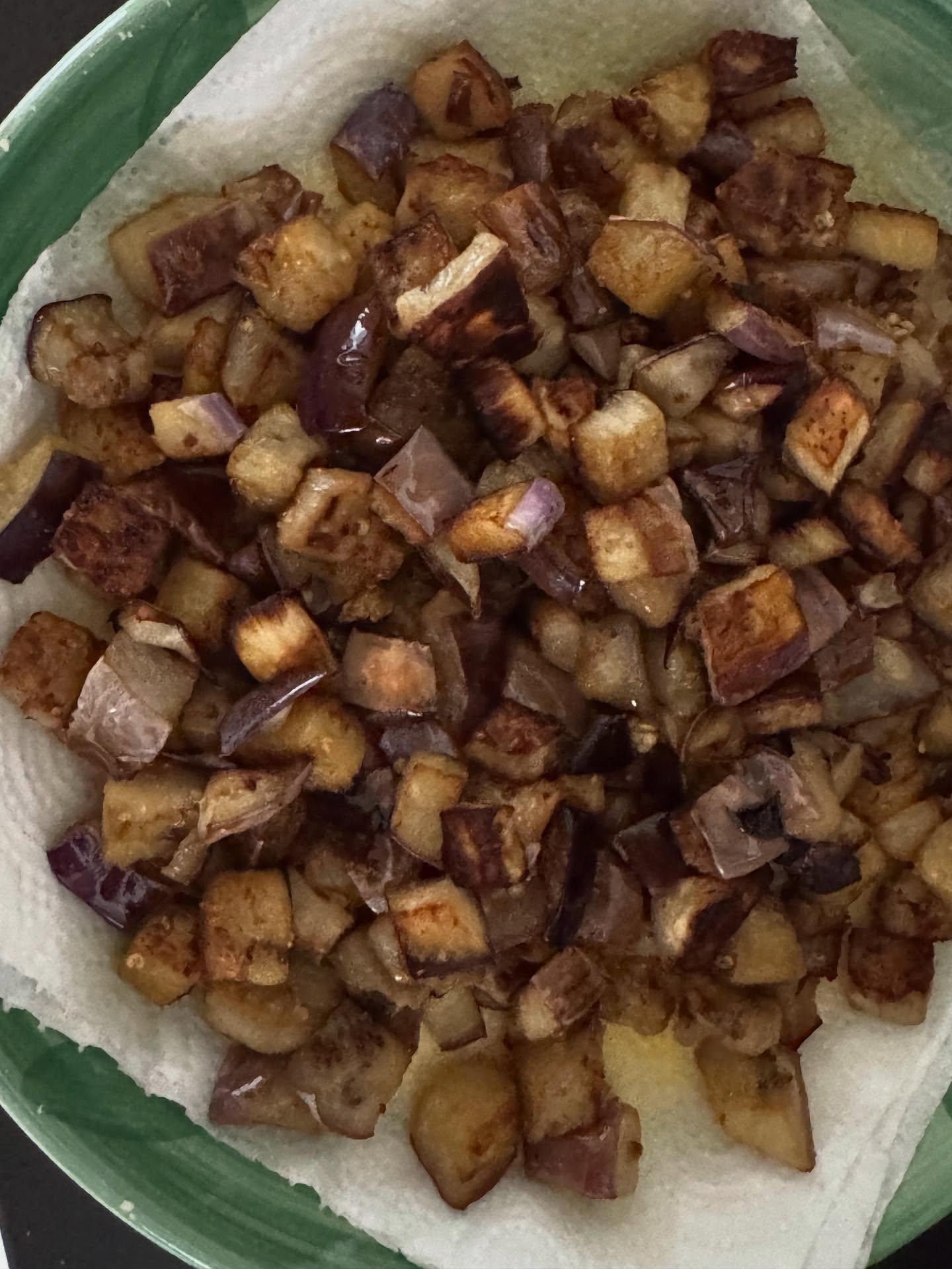 Sicilian Caponata with Tropea onions, Calabrian peppers, sweetened with honey from Austrian bees, and a bit of swordfish added at the end… @klugfamilyshenanigans #caponata #swordfish #mytropeakitchen #aubergines #tomatoes #tropeaonions #olives #capers #pinenuts #celery #vinegar #honey #cocoapowder