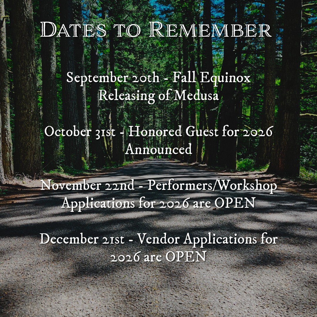 🌟 Mark your calendars! 🌟
Join us on September 20th for our inaugural Fall Equinox celebration, featuring music, art, and delicious food—open to the community!
Stay tuned:
October 31st - Announcing our honored guest for 2026!
November 22nd - Applications for performers and workshops open.
December 21st - Vendor applications kick off for 2026!
We can’t wait to celebrate with you this fall!