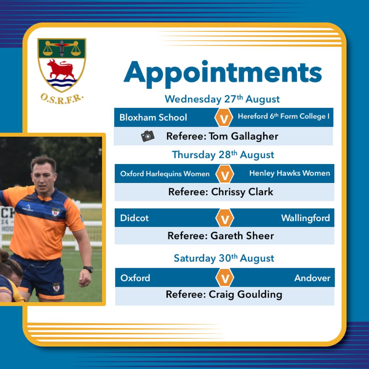 Just a quick update for our weekend appointments as we have now confirmed teams and referees.
Please ensure you’ve contacted your referee at least 48hrs prior to the match to confirm kickoff time, location and arrangements for match day.
#bepartoftheteam🌹 #keepyourbootson