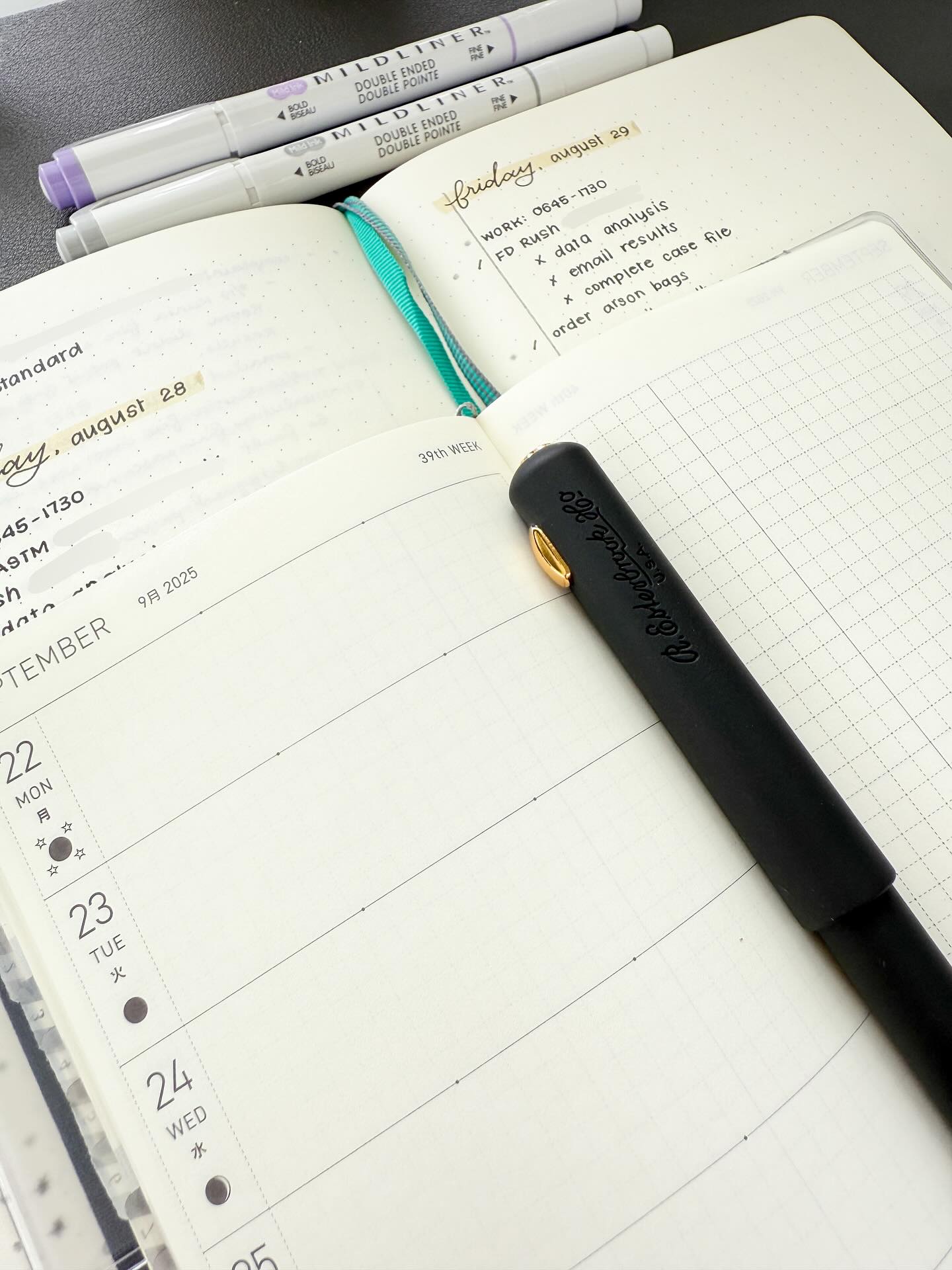 It’s planner season! Have you decided on your 2026 planner and journal lineup?
My current lineup for 2026 includes:
@hobonichitecho_official Weeks,
@kokuyo_stationery_us Campus A5 Monthly Grid (if I can get my hands on one),
& a bullet journal.
This year, my daily logs were the star of my system paired with sticky notes to keep a master list of tasks and for project specific to do lists. It’ll likely be the core of my system next year too.
Photographed:
@esterbrook_official Niblet
@zebrapen_usa Mildliners
Hobonichi Weeks
@leuchtturm1917usa B6+ Notebook (my current bullet journal)
