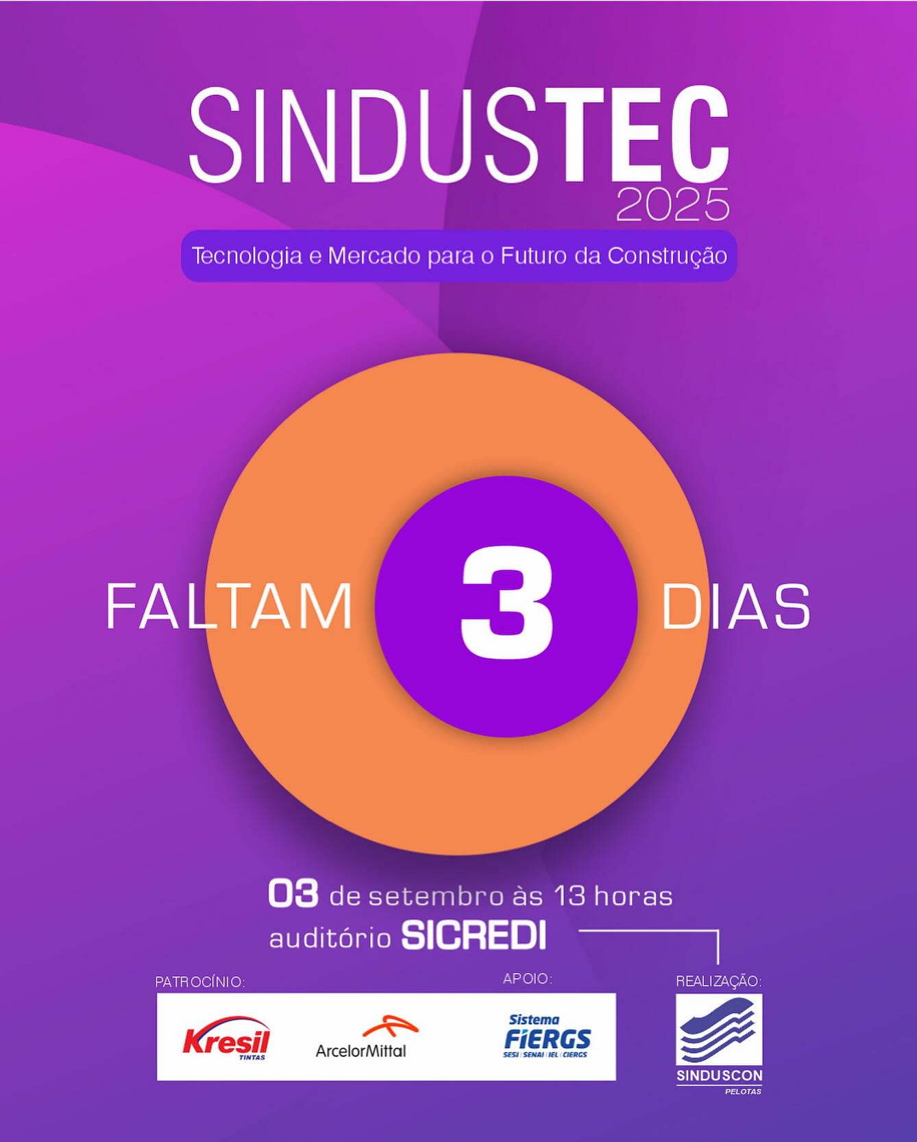 ⏳ Faltam apenas 3 dias!
O maior evento de inovação, tecnologia e mercado imobiliário do Sul já vai começar!
🚀 Garanta seu ingresso no último lote e esteja no #Sindustec2025.
👉🏼 Link na bio!
