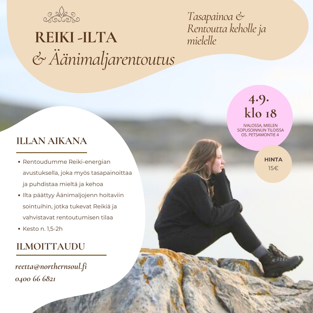 Tarjoan 4.9. rentoutumista Reiki-energian ja Äänimaljojen avustuksella. Jos tuntuu, että kaipaisit hoitavia ja lempeitä energioita tukemaan tämänhetkistä tilaasi, niin ilmoittauduthan mukaan :)
#reiki #äänimaljahoito #rentoutuminen #energyhealing