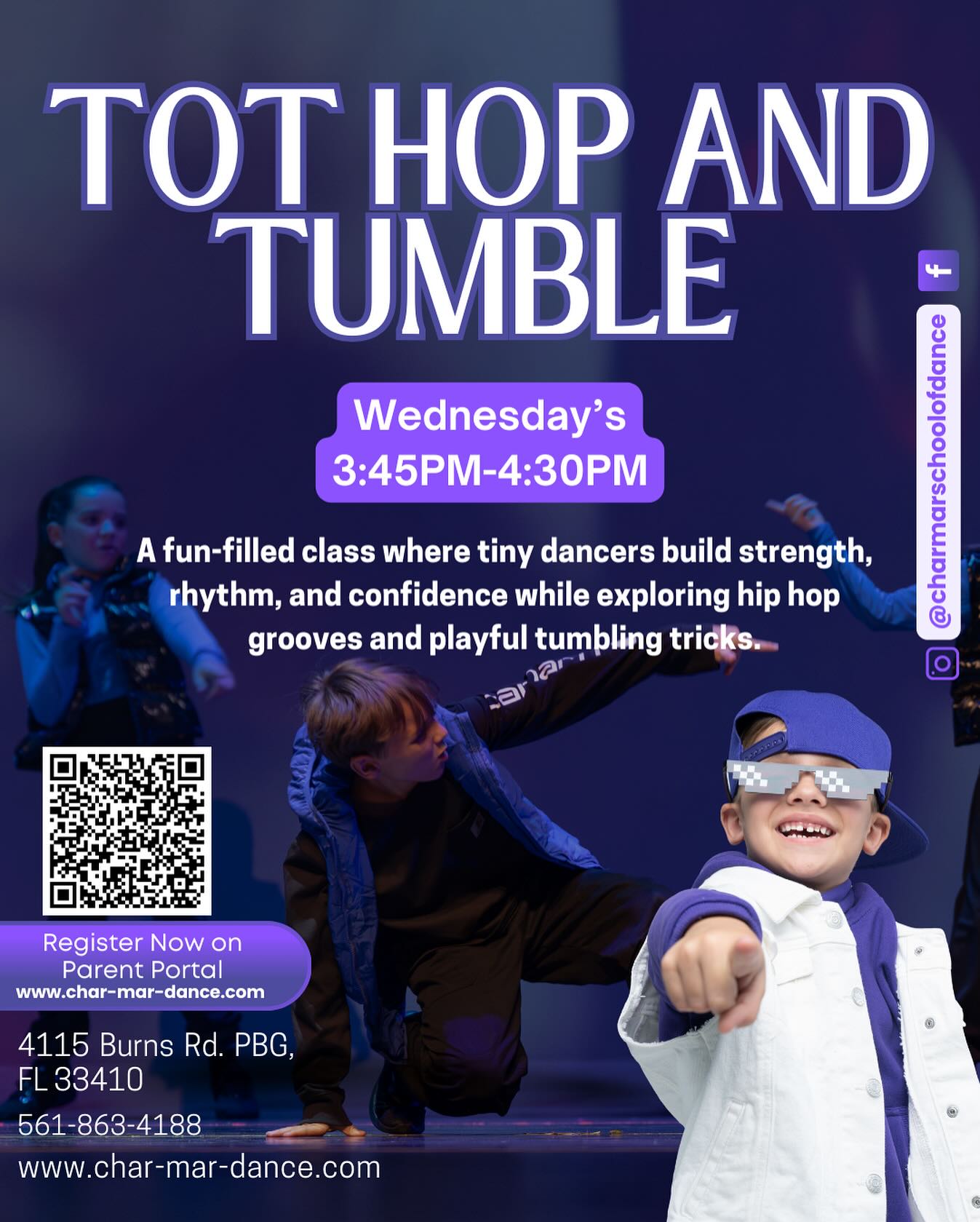 Watch your little one grow in strength, rhythm, and confidence in our Tot Hop & Tumble class! This fun-filled combo blends hip hop grooves with playful tumbling tricks, perfect for tiny dancers ready to move.
Every Wednesday 3:45pm - 4:30pm! (Classes start October 1st)
Sign up through the parent portal now!
