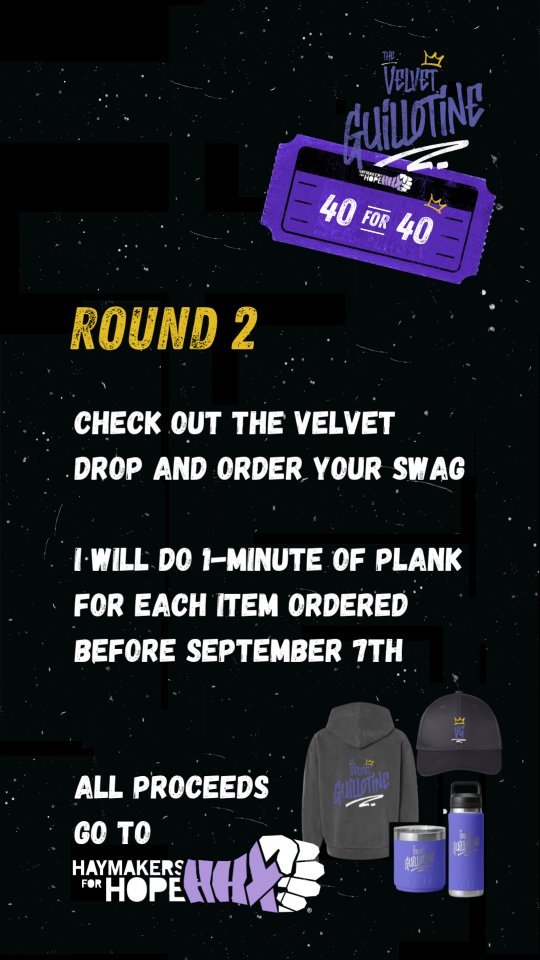 🥊 Round 2: The Velvet Drop 🥊
Check out the new Velvet Swag 👀✨ — every orde fuels the fight.
💪 For every item ordered before September 7th, I’ll do 1 minute of plank (yes, you read that right. So, that means if you order a bundle, I will give you 1 minute for each item in the bundle 😅).
Link in bio to purchase.
🛒 All proceeds go directly to @haymakers4hope
Let’s make this round count — who’s grabbing theirs? 🙌
#H4H40for40 #7RoundsBySept7 #haymakersforhope