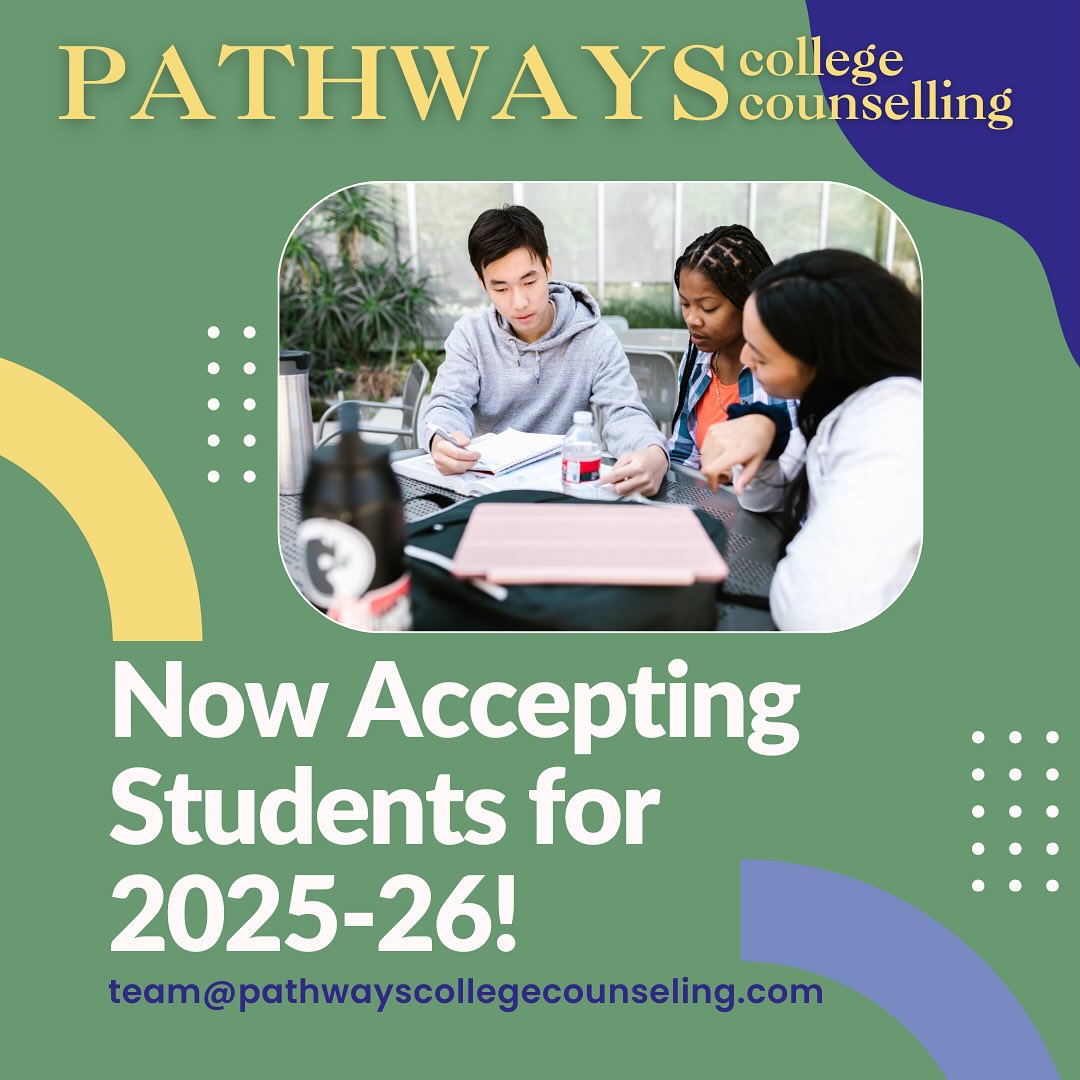 We are currently open to students from all high school grades—including seniors!
Our rates start at $60/hour ($80/hour for SAT preparation) and include any of the following services:
✨ Personal essay editing
✨ College + summer program advising
✨ Interview preparation
✨ Portfolio support
✨ Extracurricular and academic planning
We would love to meet you! Our first 30-minute meeting is entirely free.
If you would like to learn more or have any questions, please shoot us an email at team@pathwayscollegecounseling.com, or fill out the form in our bio to schedule a meeting.
We are very excited to meet you and are always cheering you on every step of the way!
- Lauren, Alyssa, Mikul, and AJ
#college #collegecounseling #collegeapplications #commonapp #essayhelper #sattutoring #satprep #portfolio #interviewprep #university #universityofchicago #northwestern #advising