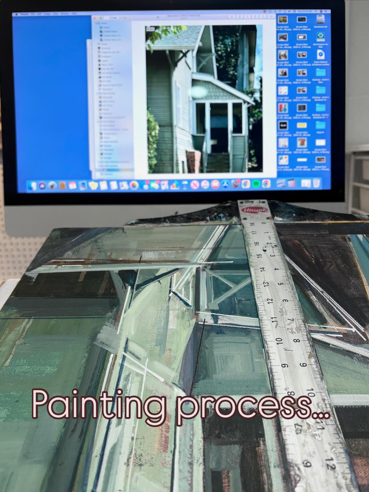 This green house has been sitting in my reference file for a while now. I kept coming back to it—The painting is still in progress, but I wanted to share where it’s at today.