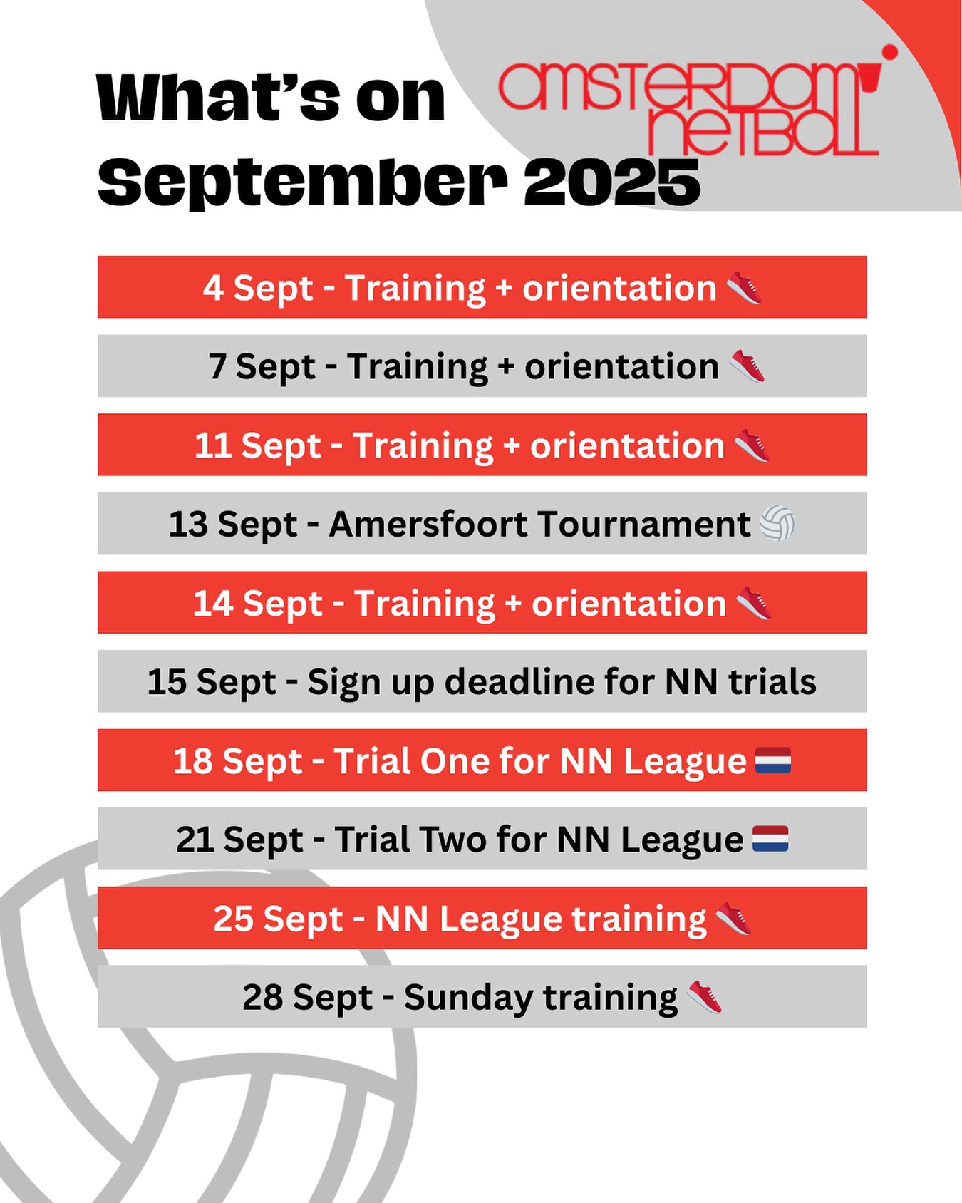 Dates for your agenda! NETBALL IS BACK 🏐❤️🇳🇱 We are kicking off the season with THREE open sessions to welcome new members. Bring your friends along, share the message 😊 Then we have the important trials for the @netballnetherlands League Teams which will compete against 6 other Dutch and Belgian teams over the next year in the Netball Netherlands League 🇳🇱🇳🇱 It’s a big month and we can’t wait to get back into it!