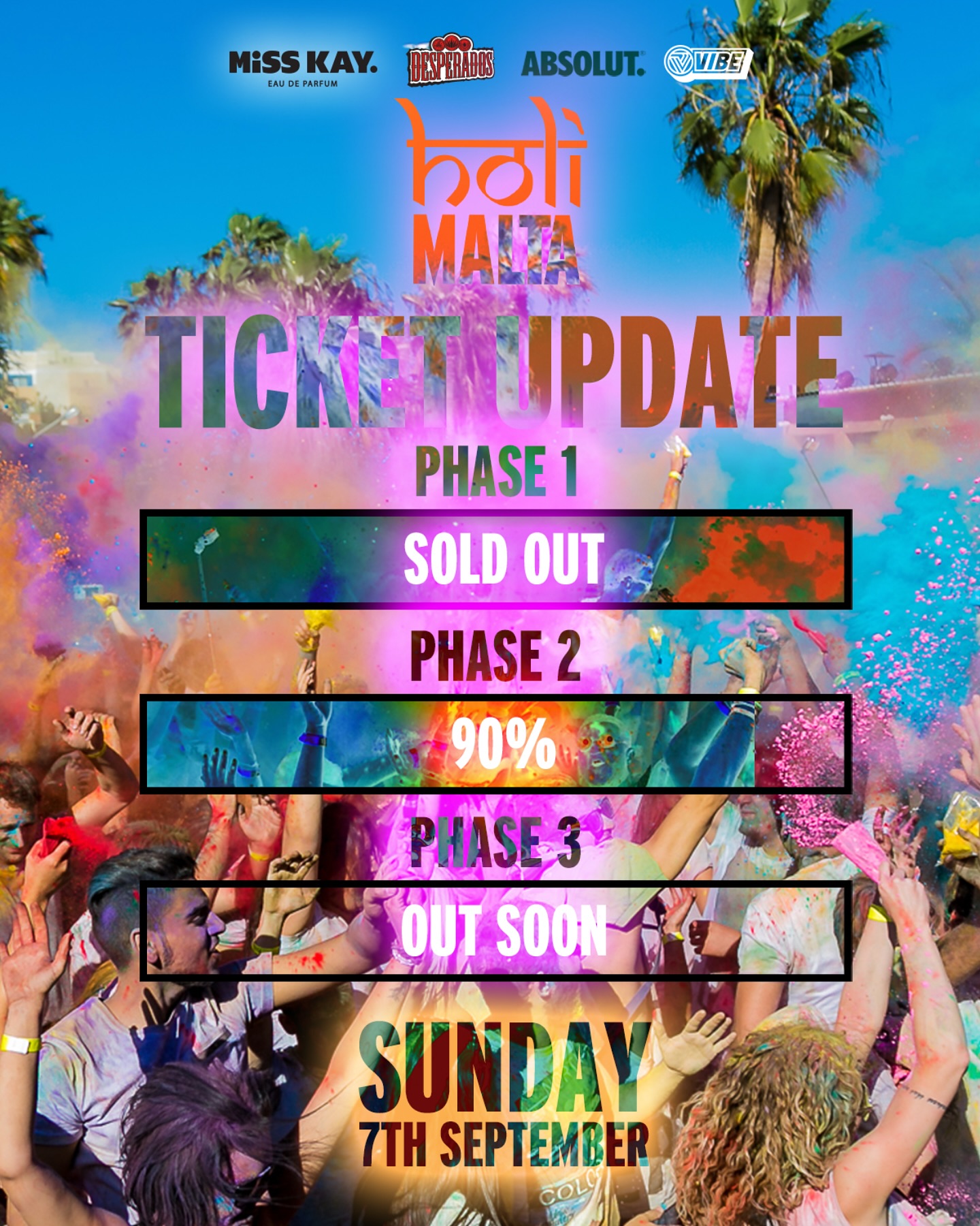 ‼️BE QUICK‼️
📆 7TH OF SEPTEMBER is now approaching and we’d like to remind everyone — the date is getting closer and tickets are flying off the shelf.
Due to to the limited number of tickets, that there might be no more of these tickets available so buy early to make sure that there is no unwanted disappointment.
Get ready to experience colour & unity like never before, only at HOLI
🗓️DATE: Sunday 7th September
📍LOCATION: BMX Track, Pembroke
🎟️ TICKETS 🔗 @holi.malta bio!