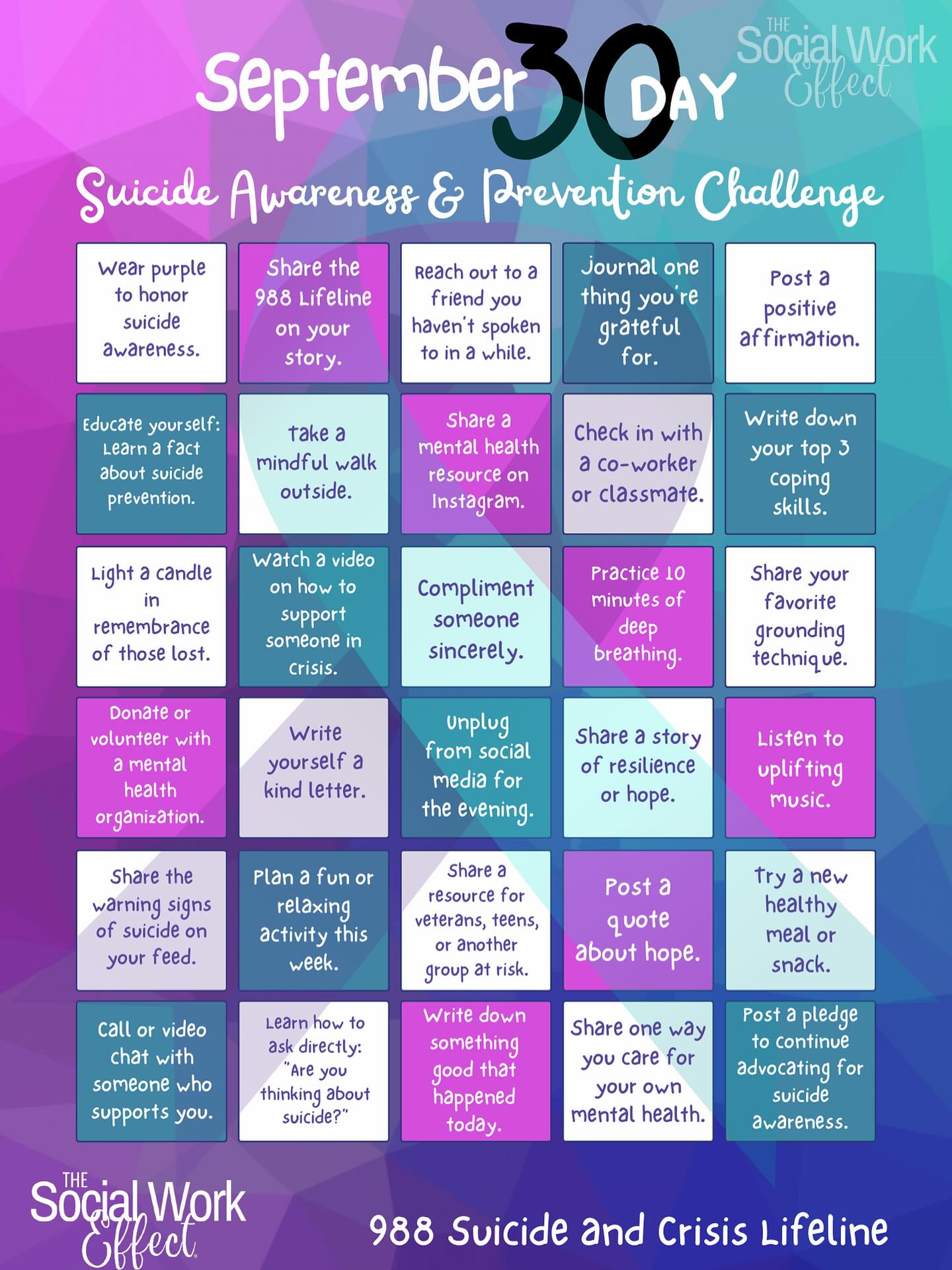 September is Suicide Prevention Awareness Month
Join me in taking on The 30-Day Suicide Awareness & Prevention Challenge with The Social Work Effect.
Every small step whether it’s checking in on a friend, sharing resources, or practicing self-care can make a big difference.
Let’s raise awareness, spread hope, and remind each other: You are not alone.
Save this challenge, share it, and tag The Social Work Effect as you complete each day! *Giveaway to the person that completes and shares all 30 days
⚪️If you or someone you know is struggling, dial 988 for the Suicide & Crisis Lifeline.
#SuicidePrevention #YouAreNotAlone #TheSocialWorkEffect #988Lifeline #SuicideAwarenessMonth #MentalHealthMatters #SpreadHope