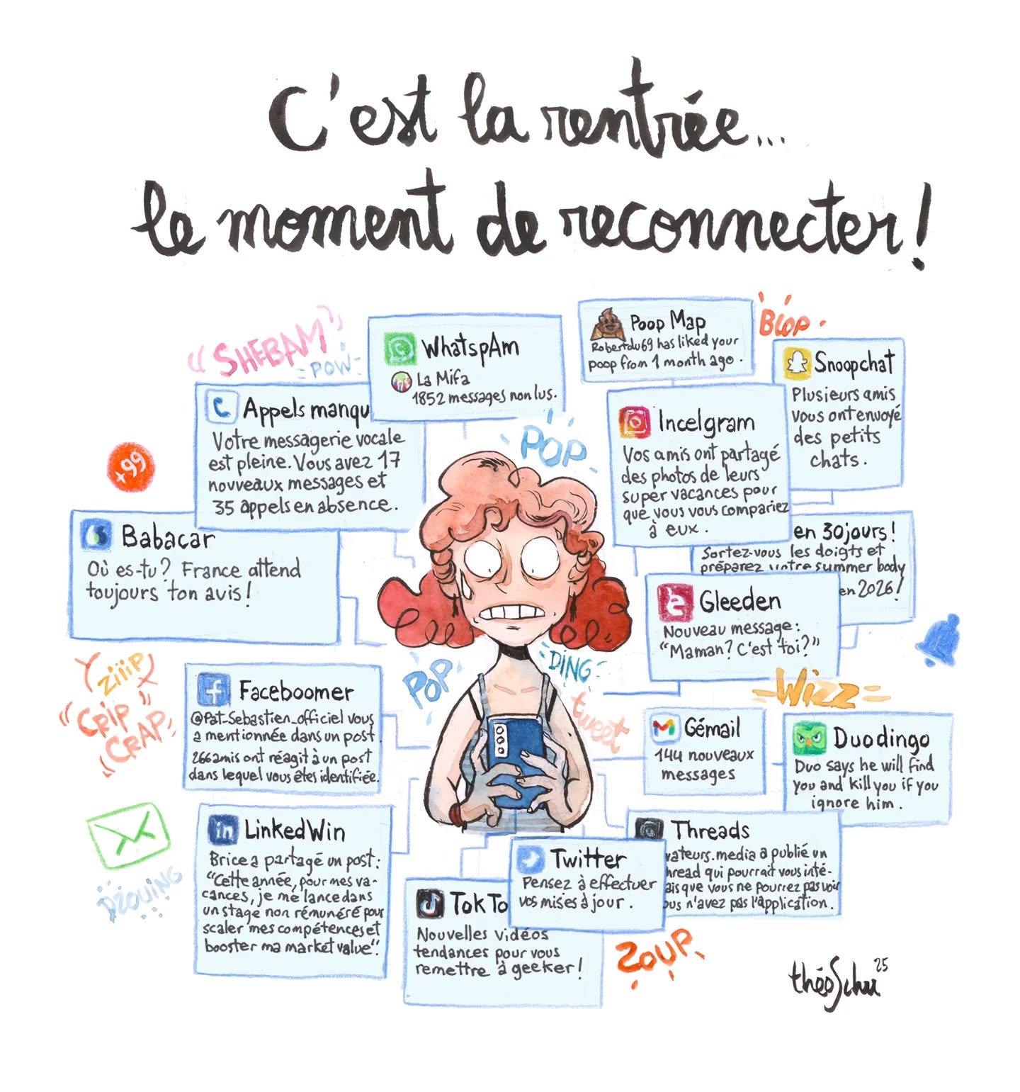 C'est la rentrée et le moment de se reconnecter ! 📳🥲 (Enfin si vous y êtes obligé.e.s, je n'impose rien hein)
De mon côté, j'ai repris mes dessins humoristiques pour les @enovateurs.media, je ne les poste pas tous, allez sur leur site et abonnez-vous à leur newsletter pour tous les voir ! 🛜
Je continue mes cours d'aquarelle 🧑🎨 et, nouveauté, je commence à bosser sur un projet personnel que j'ai hâte de pouvoir vous partager ! 🧓🐈⬛💬
Je fais genre mais je serais bien resté en vacances quand même.. 🥺
Histoire de les prolonger un peu, je vais continuer à vous partager en stories mes croquis de l'été ! 🏖️🌊
Et vous toujours en vacances ou vous fuyez le boulot en geekant sur insta ? 🫣