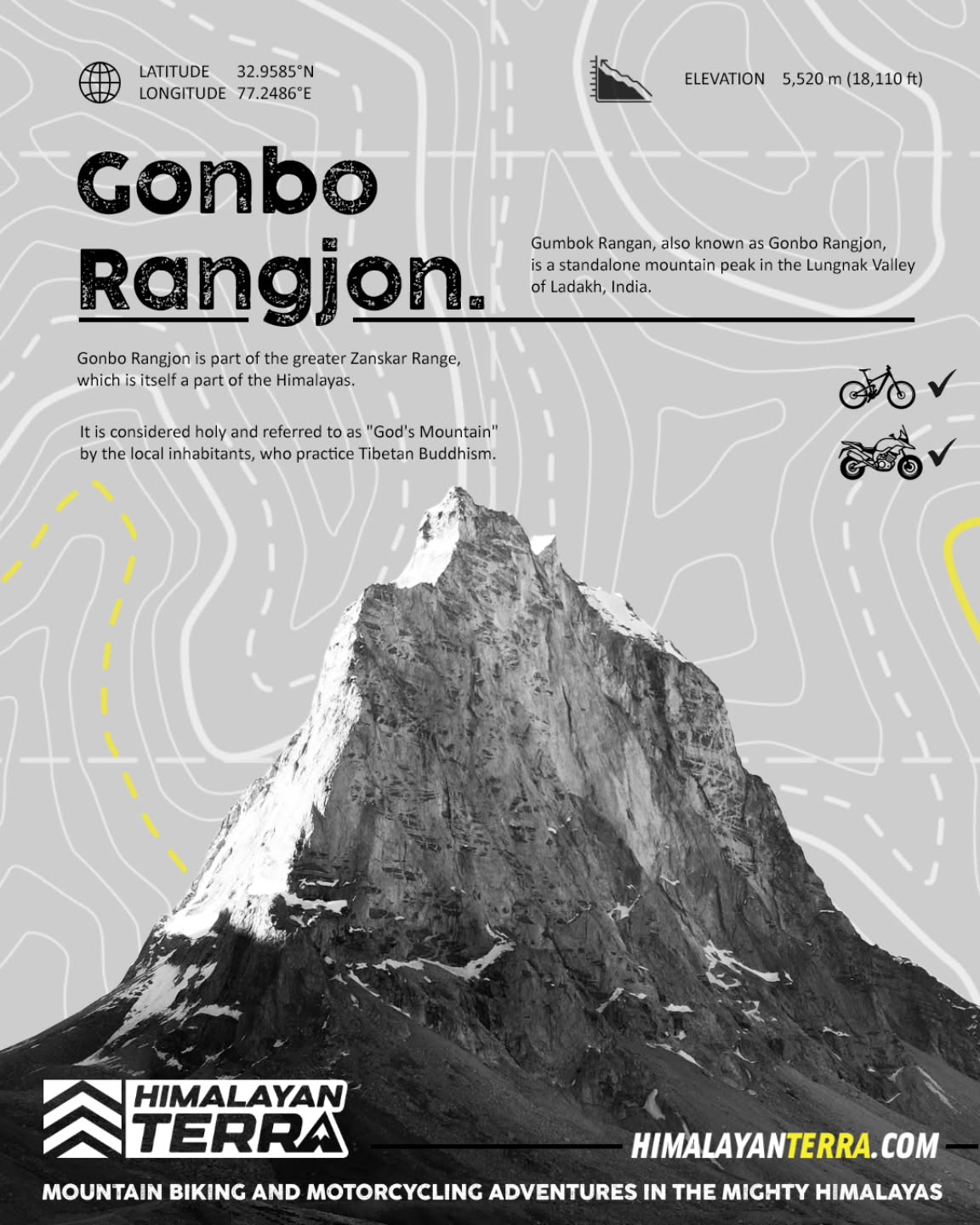The Mountain Files - Gonbo Rangjon - a standalone mountain peak, next to Lakhang at the base of the Shinkula pass, is popularly known as the God’s Mountain due to its religious significance for the Buddhist people of the Zanskar valley.
The peak is at 5,520 m (18,110 ft) and the base of the mountain is about 4,500 m (14,800 ft).
Join our Mountain Biking or Motorcycle Adventure to explore the Mighty Himalayas. - www.himalayanterra.com
#himalayanterra #themountainfiles #gonborangjon #himalayas #zanskar #mountainstories #mountainbiking #motorcycleadventure #adventures #mountains #incredibleindia