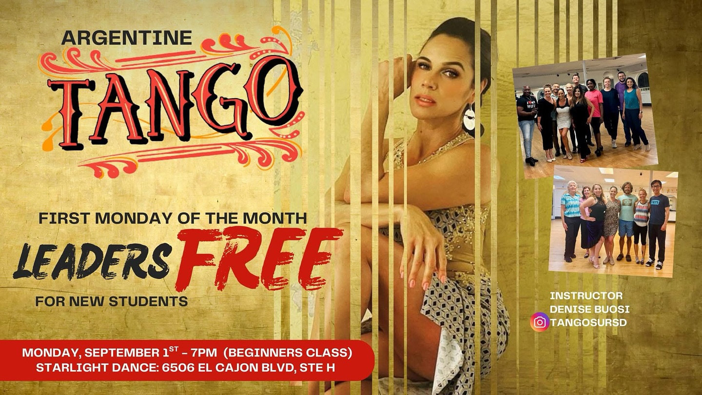 Grow your tango in a fun, friendly, energetic, and positive environmentâ tonight, Sept 1st, first time leaders can take class for free!
Dance, discover, smile, and connectâ Come check it out:
Beginner Class 7:00pm
Intermediate Class 8:00pm