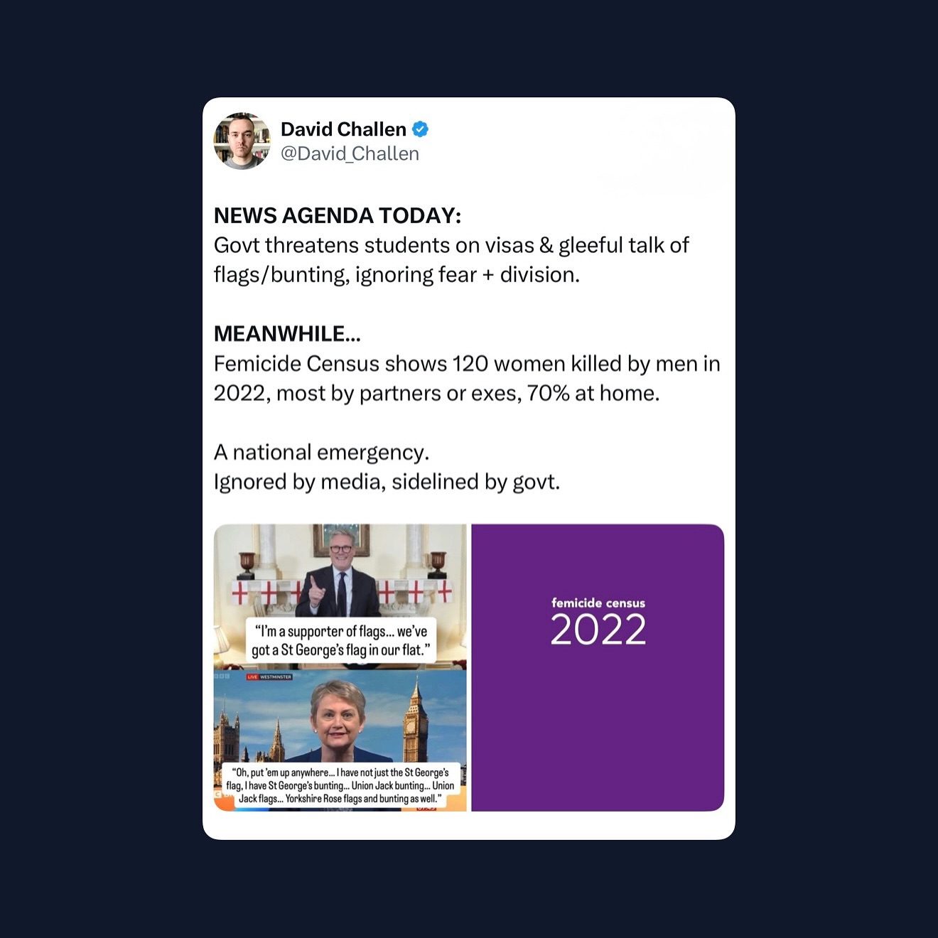 A new landmark report published today by the @femicidecensus reveals 120 women were killed by men in the UK in 2022. Most were killed at home, by men they knew.
While the media obsesses over flags and borders, all of which the rhetoric codifies women’s safety at the supposed ‘heart’ their concerns, the scale of femicide is overlooked and treated as routine. Accepted as normal.
#FemicideCensus
#MaleViolenceAgainstWomen
#ViolenceAgainstWomen
#EndVAWG
#WomensSafety
#DomesticAbuseAwareness
#JusticeForWomen