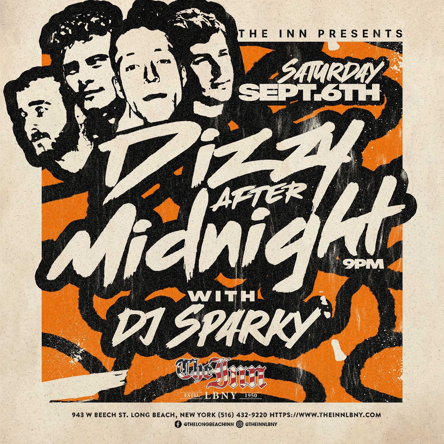 🚨 Long Beach! 🚨
Dizzy After Midnight is back at The Inn on Saturday, Sept 6th – 9PM with DJ Sparky.
Let’s pack the place and make it a night to remember 🎶🔥
📍 943 W Beech St, Long Beach, NY
#DizzyAfterMidnight #LongBeachLiveMusic #TheInnLB #LiveMusicNYC #LongIslandMusic