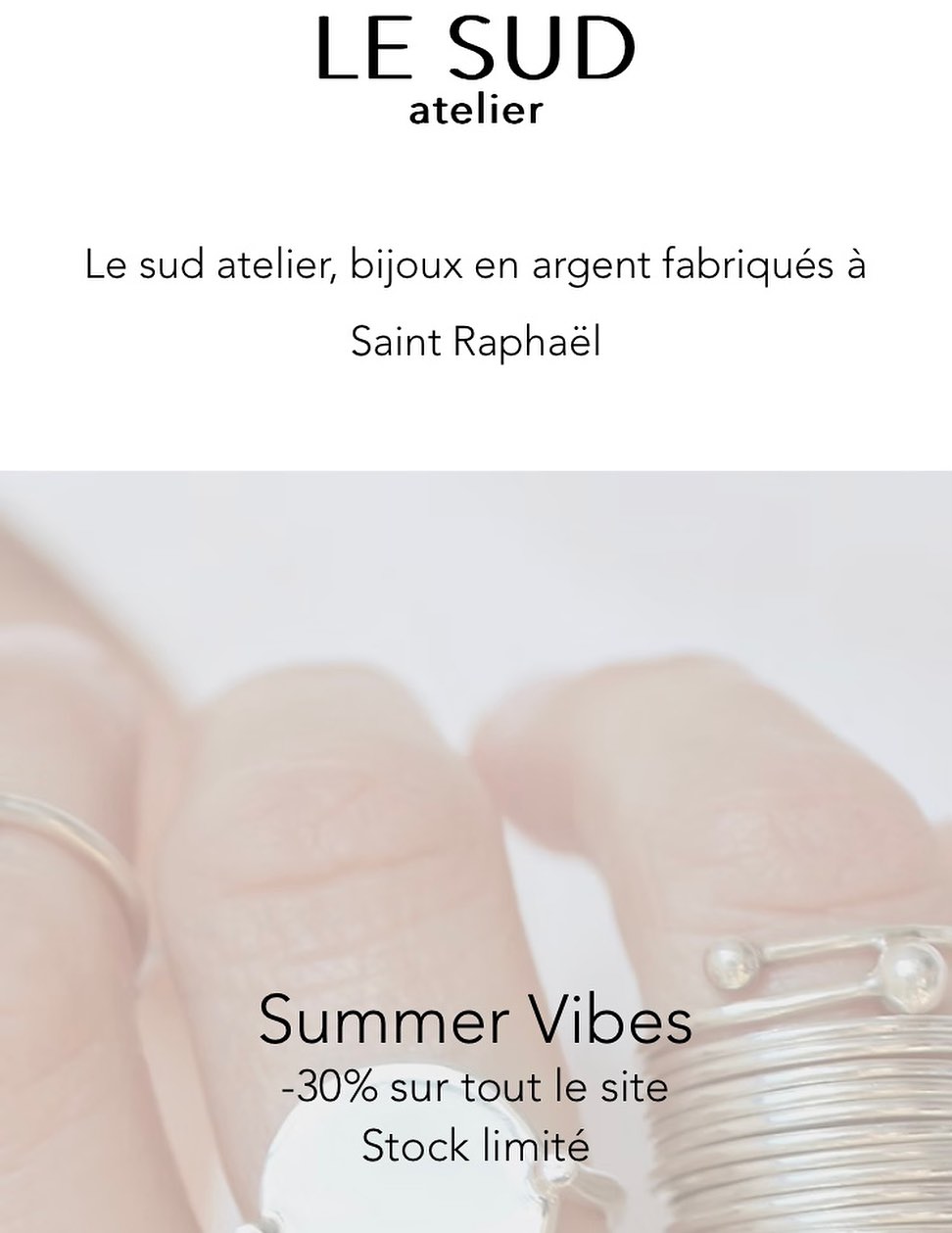 Rdv sur www.lesudatelier.fr et profitez de -30% sur tout !
Attention les stocks sont limités, cette promotion n’est valable que pour des pièces en stock
Les commandes sur mesure sont toujours possible sur demande, et la réduction ne s’applique pas dans ce cas
DM pour plus d’infos !
Bel fin d’été 🌞
#lesudcestlavie #madeinfrancewithlove #madeinlesud #bijouxcreateurfrançais #creatricebijouxfrancaise #creatricebijouxargent #bagueargent #handmadeonly #esterelcotedazur #southoffrance #createurdusud #bijouxunique #bijouxensoleillés